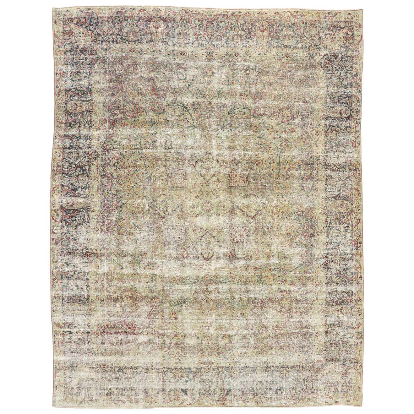 Distressed Antique Persian Kerman Rug with Modern Rustic English ...