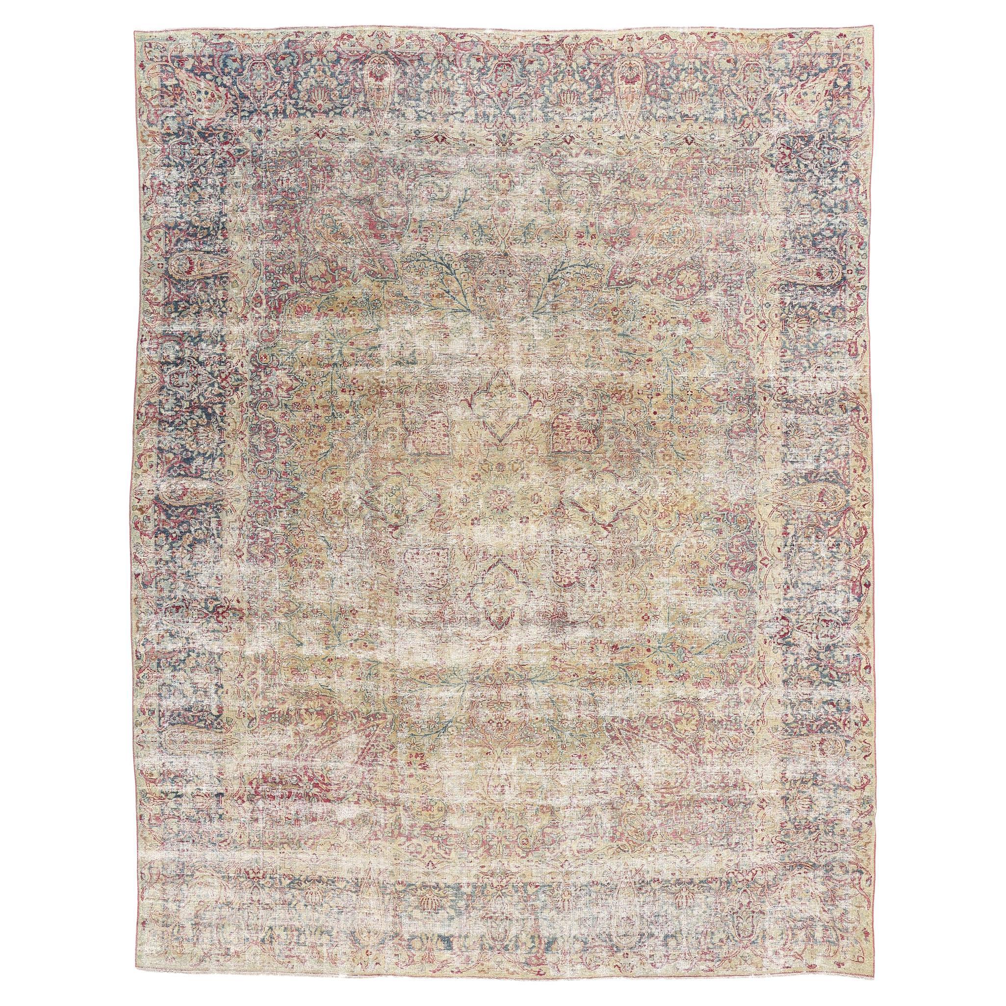 Late 19th Century Distressed Persian Kerman Rug with Traditional Style