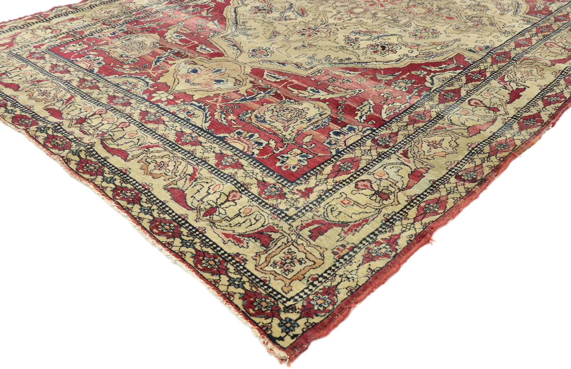 77515 distressed antique Persian Kerman rug with Modern Rustic English style. With its perfectly worn-in charm and rustic sensibility, this hand-knotted wool distressed antique Persian Kerman rug will take on a curated lived-in look that feels