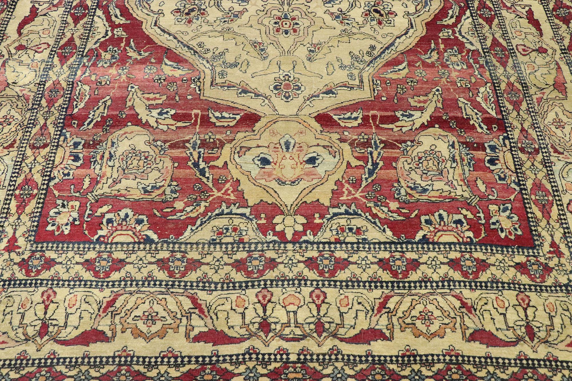 Hand-Knotted Distressed Antique Persian Kerman Rug with Modern Rustic English Style For Sale