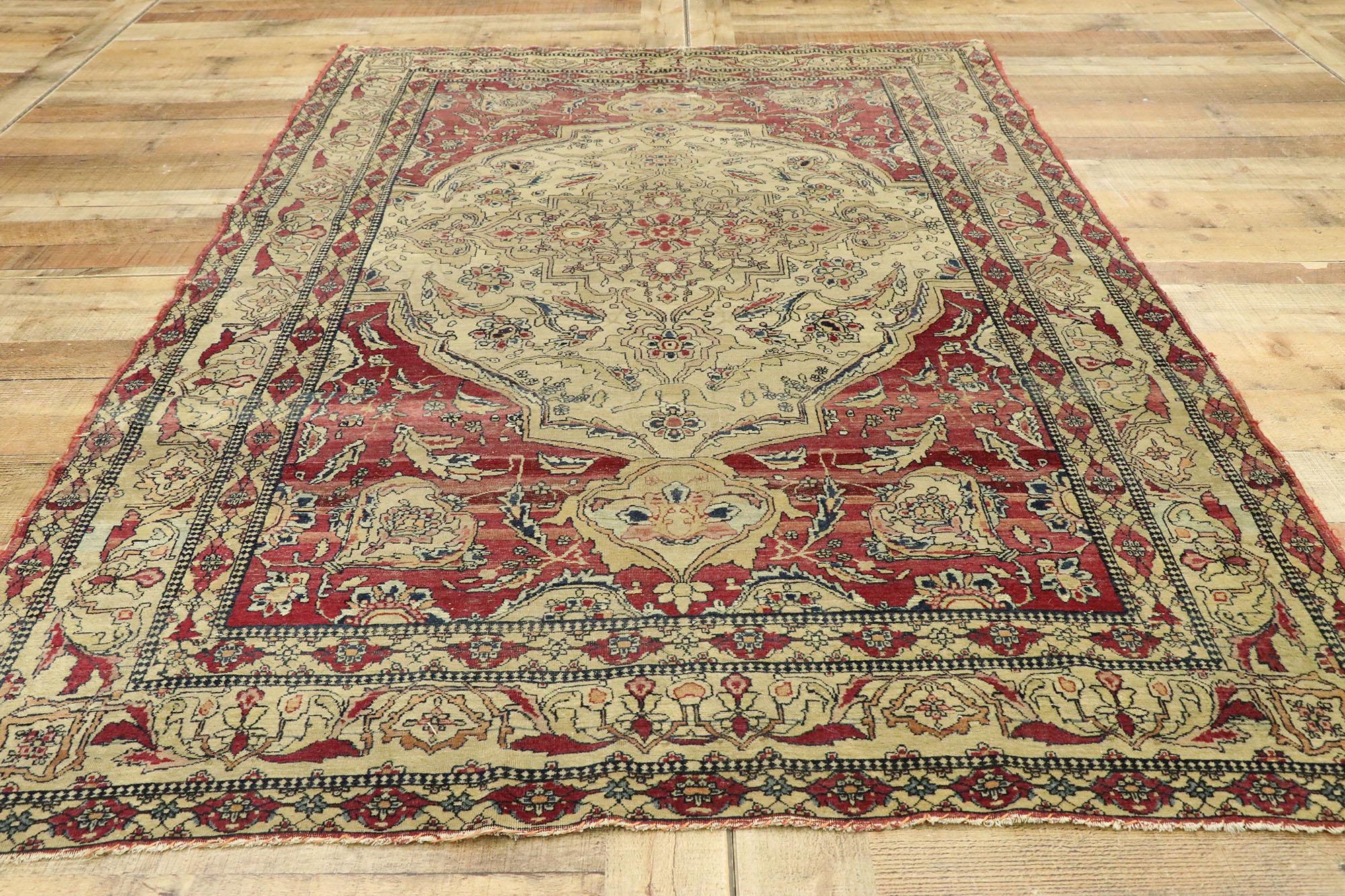 Wool Distressed Antique Persian Kerman Rug with Modern Rustic English Style For Sale