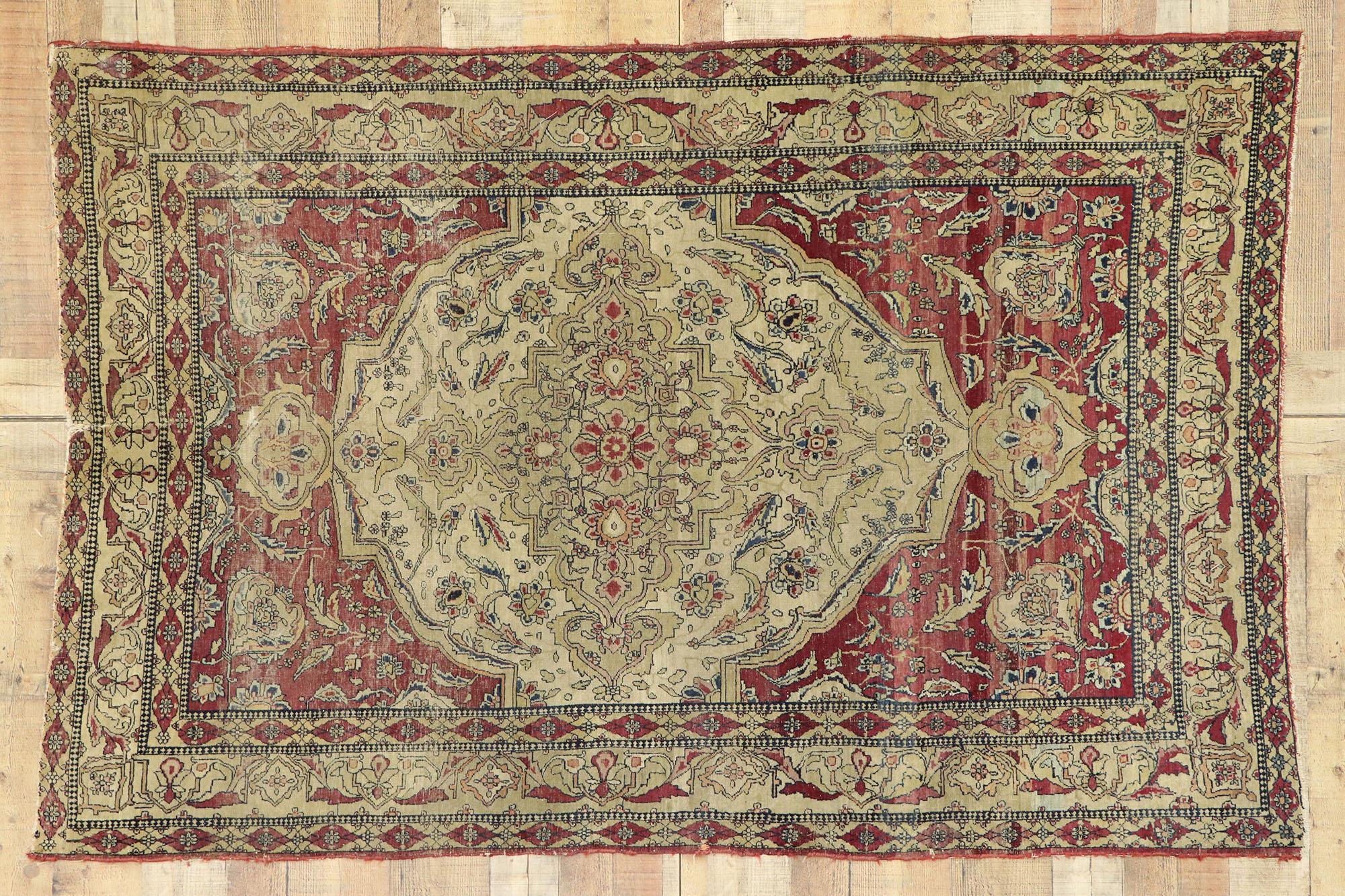 Distressed Antique Persian Kerman Rug with Modern Rustic English Style For Sale 1