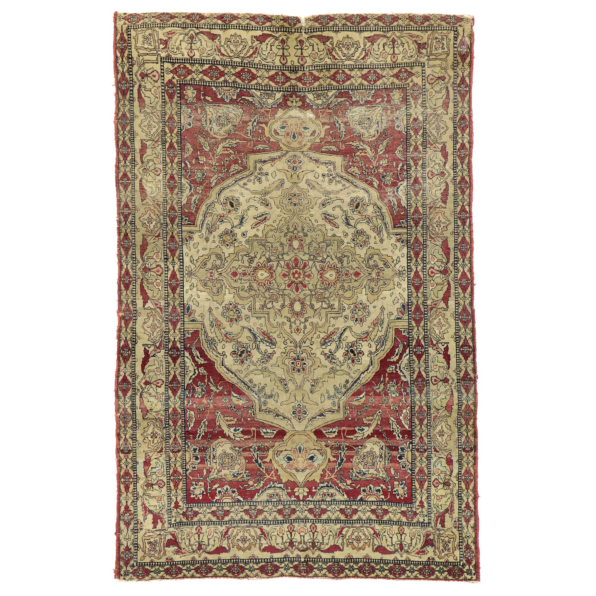 Distressed Antique Persian Kerman Rug with Modern Rustic English Style