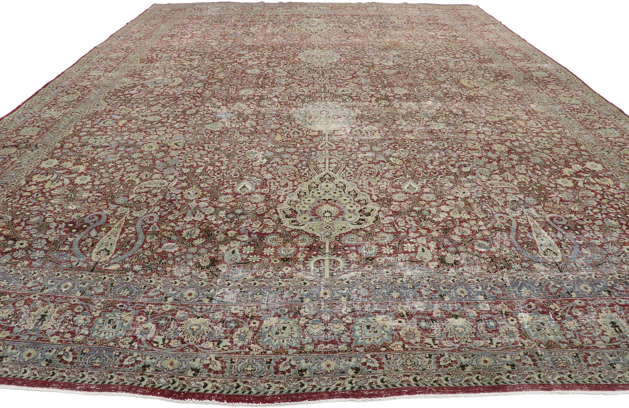 Kirman Distressed Antique Persian Kerman Rug, Laid-Back Luxury Meets Rugged Beauty For Sale