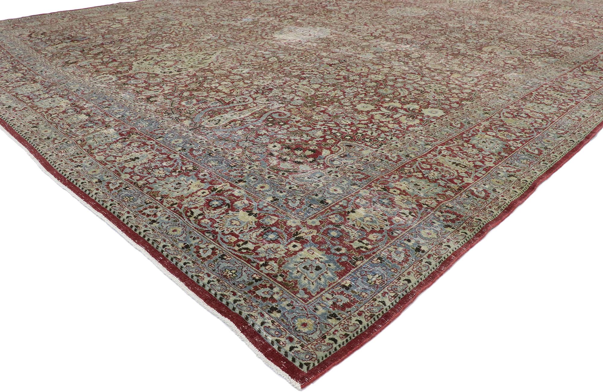 51527 Distressed Antique Persian Kerman Rug 11'09 x 16'03. With its rugged beauty and rustic sensibility, this hand-knotted wool distressed antique Persian Kerman rug will take on a curated lived-in look that feels timeless while imparting a sense