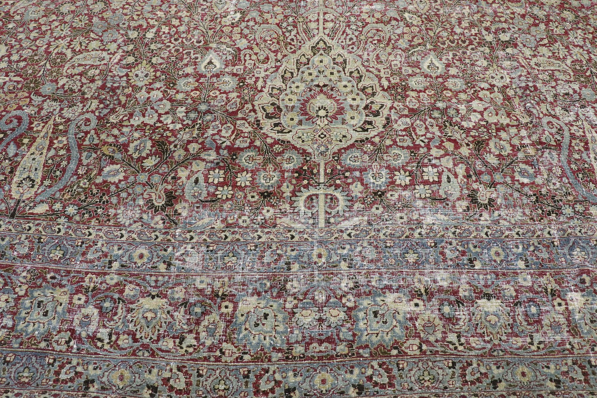 Hand-Knotted Distressed Antique Persian Kerman Rug, Laid-Back Luxury Meets Rugged Beauty For Sale