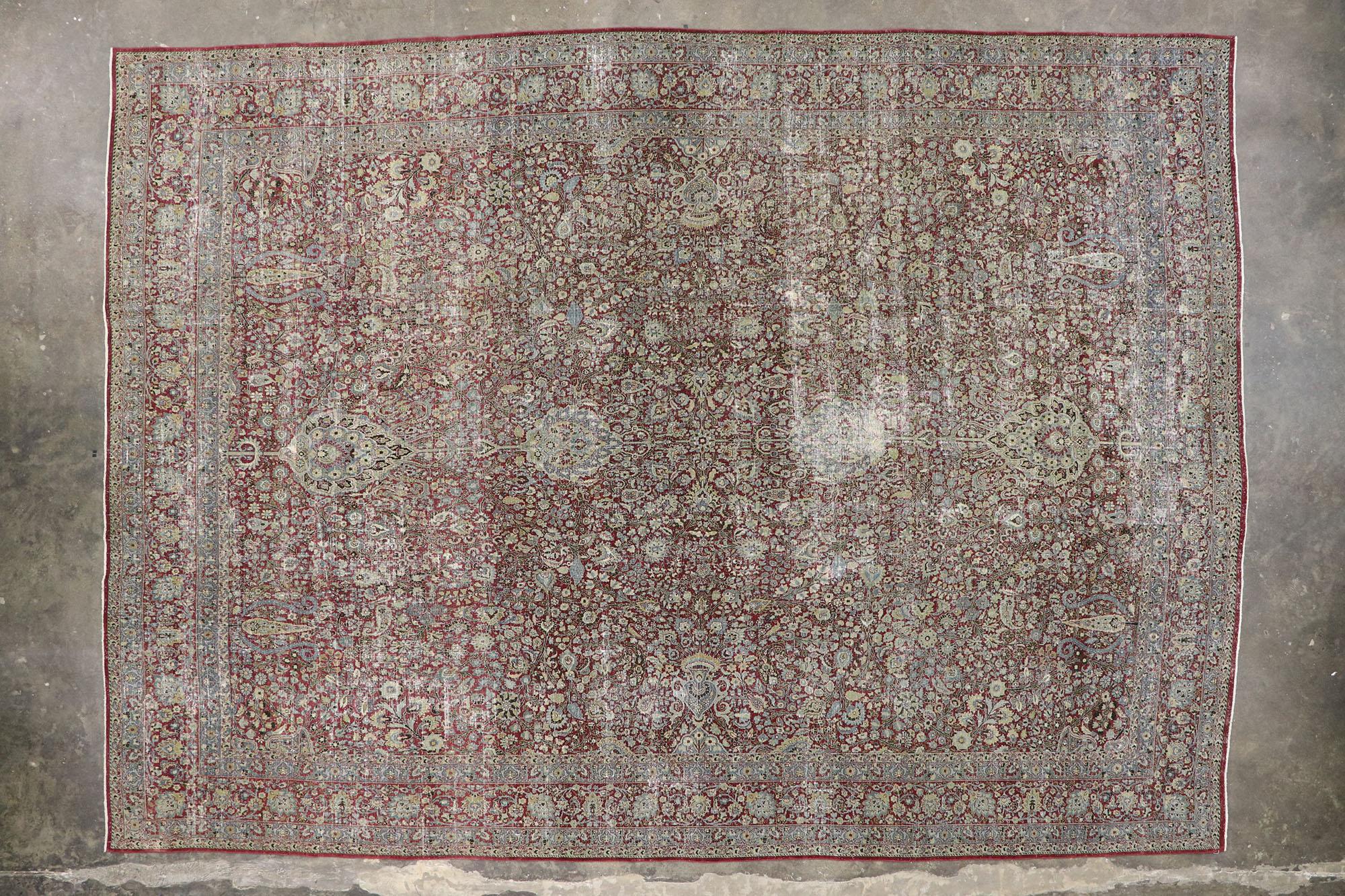Distressed Antique Persian Kerman Rug, Laid-Back Luxury Meets Rugged Beauty For Sale 2