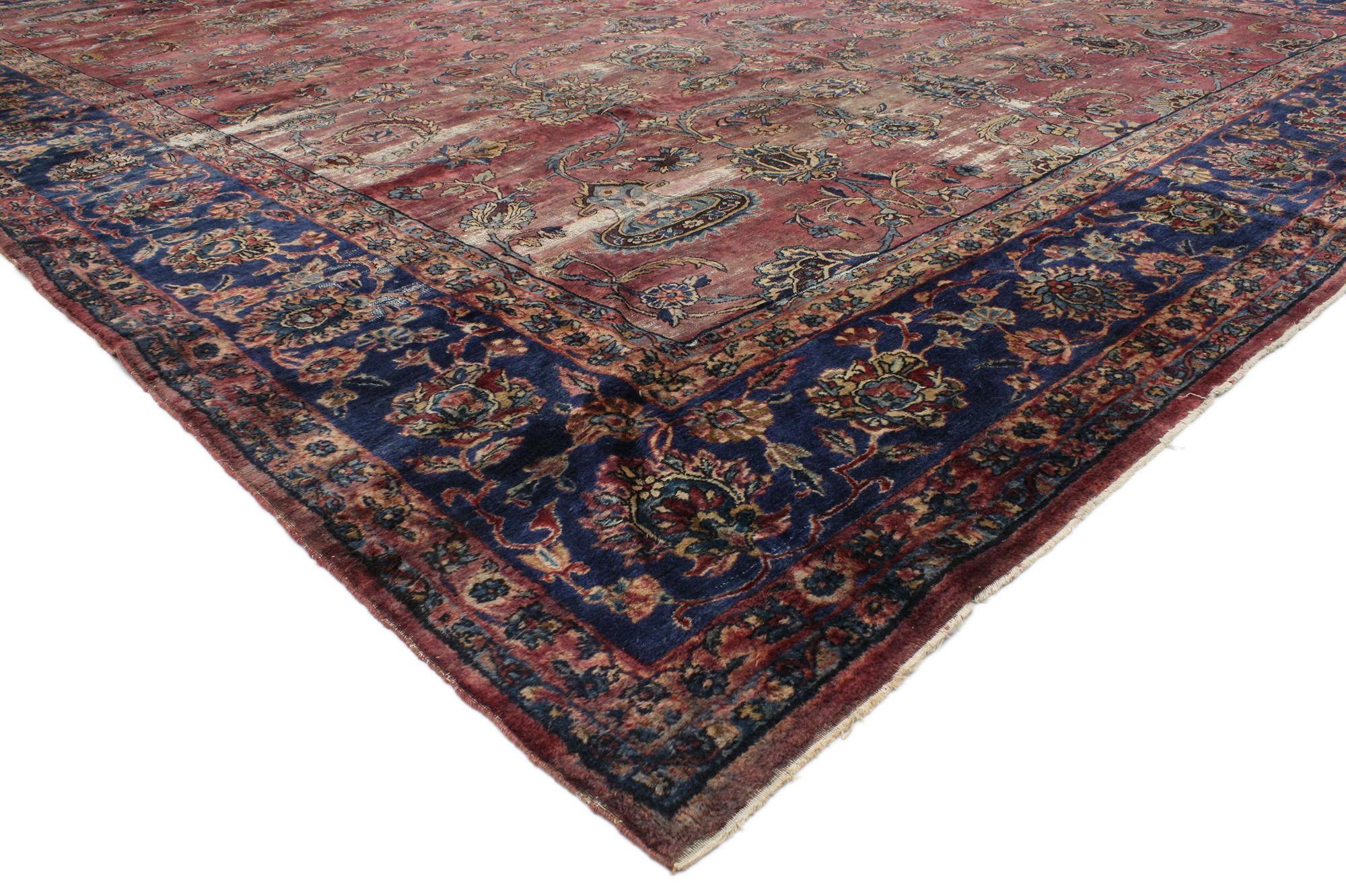 76681 distressed antique Persian Kerman rug with New England Cape Cod style 09'10 x 13'05. With a timeless design and defining colors, evoke the charming New England Cape Cod style with this hand knotted wool distressed antique Persian Kerman rug.