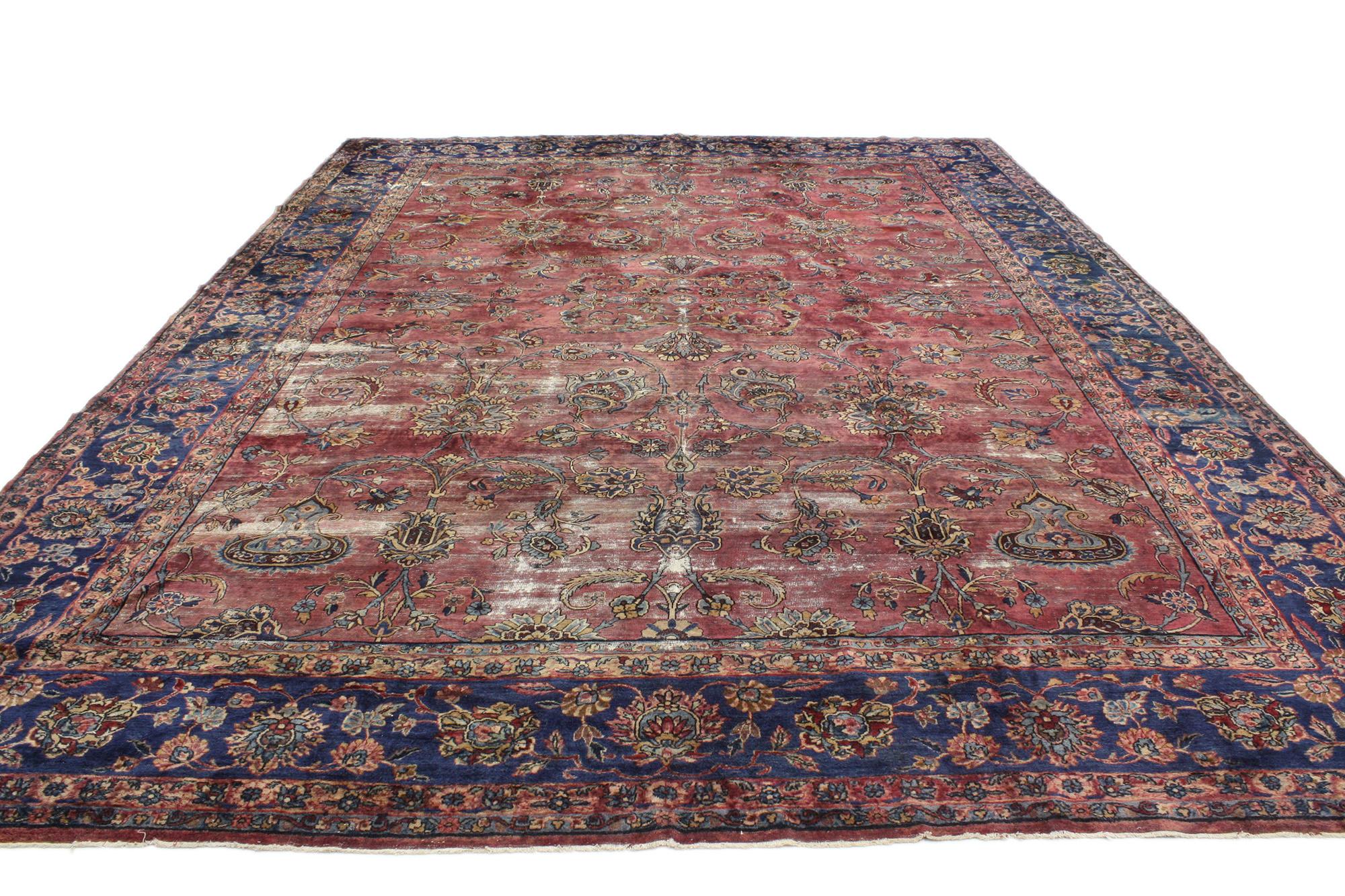 Kirman Distressed Antique Persian Kerman Rug with New England Cape Cod Style For Sale