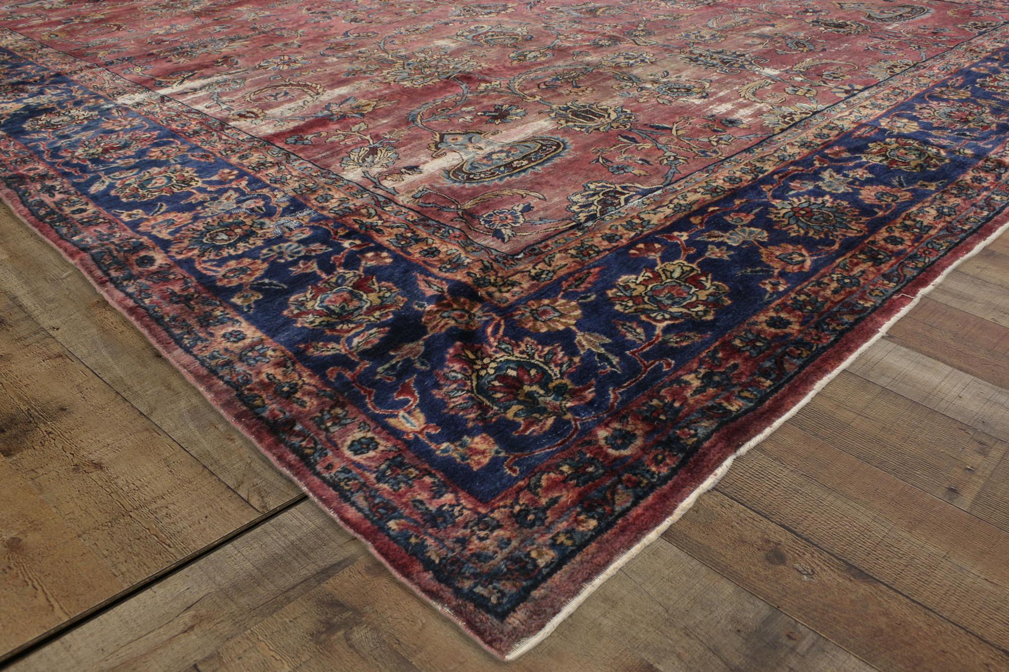 Hand-Knotted Distressed Antique Persian Kerman Rug with New England Cape Cod Style For Sale
