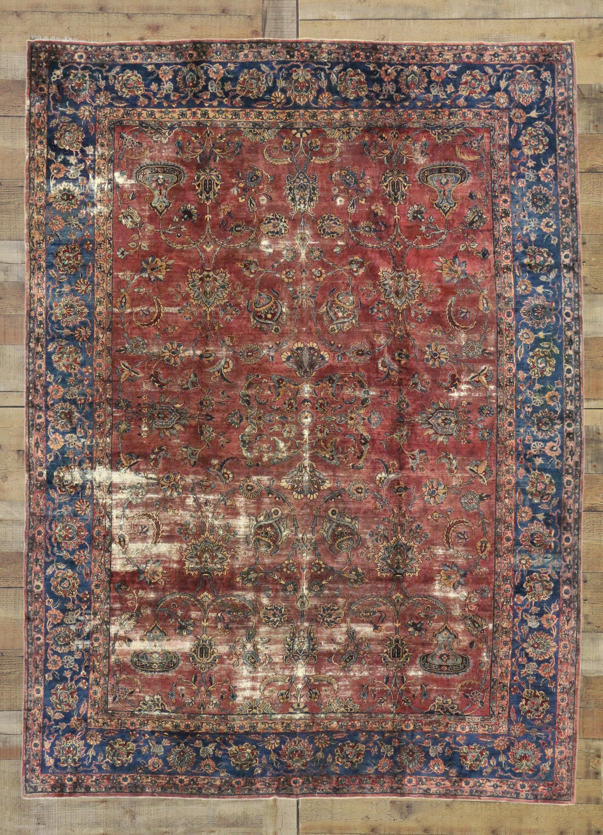 Distressed Antique Persian Kerman Rug with New England Cape Cod Style In Distressed Condition For Sale In Dallas, TX