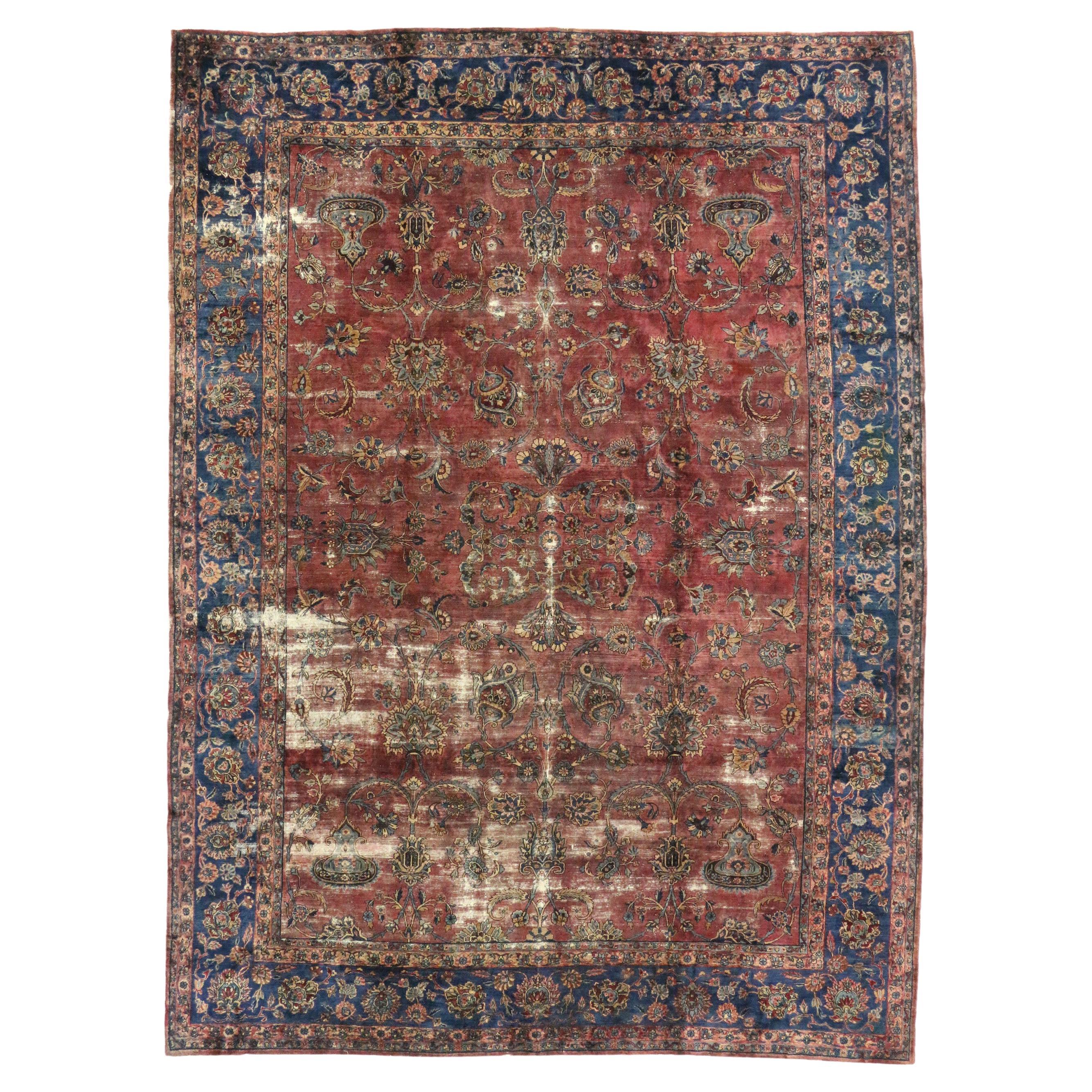 Distressed Antique Persian Kerman Rug with New England Cape Cod Style For Sale