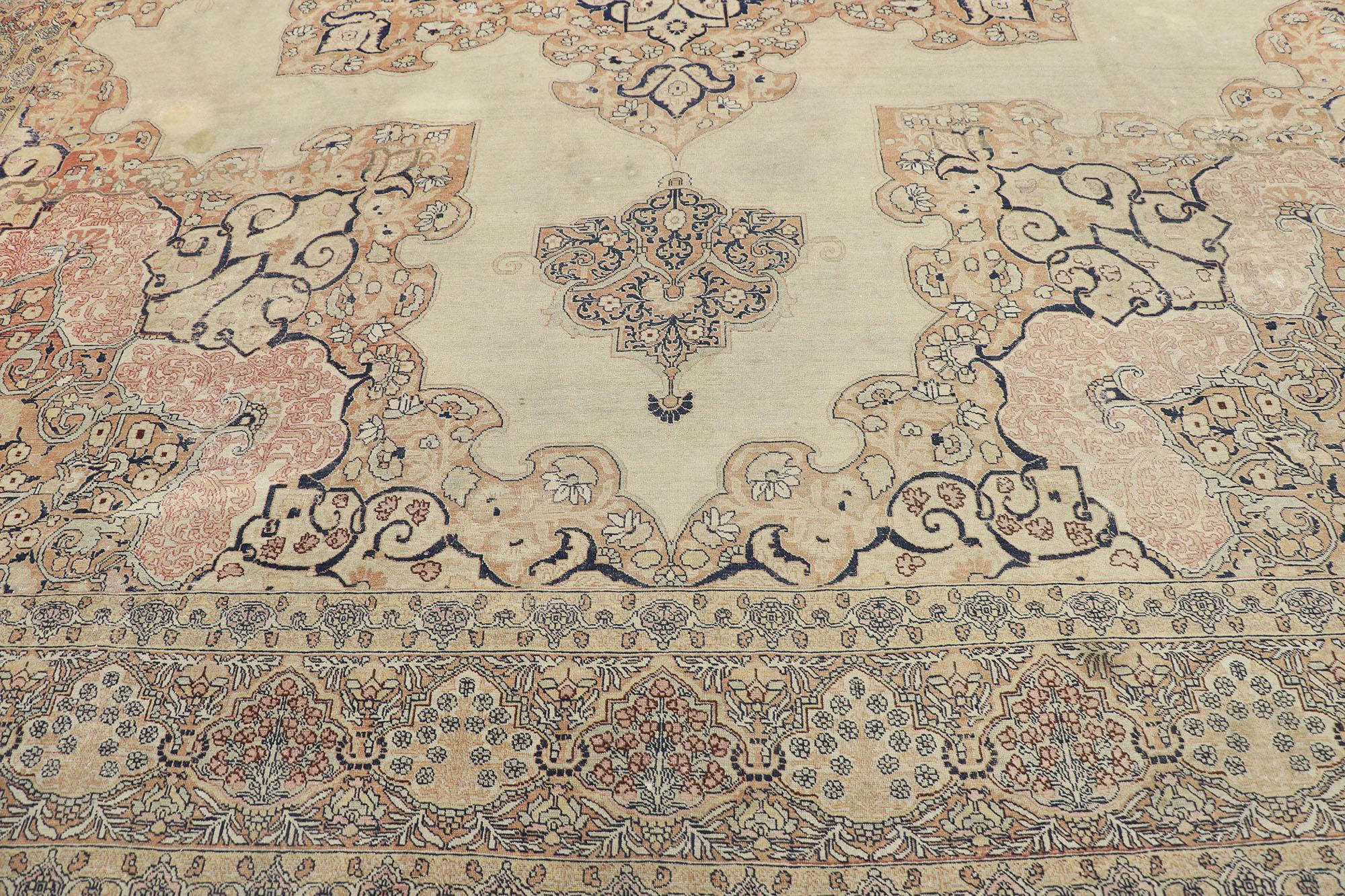Kirman Distressed Antique Persian Kerman Rug with Relaxed French Provincial Style For Sale