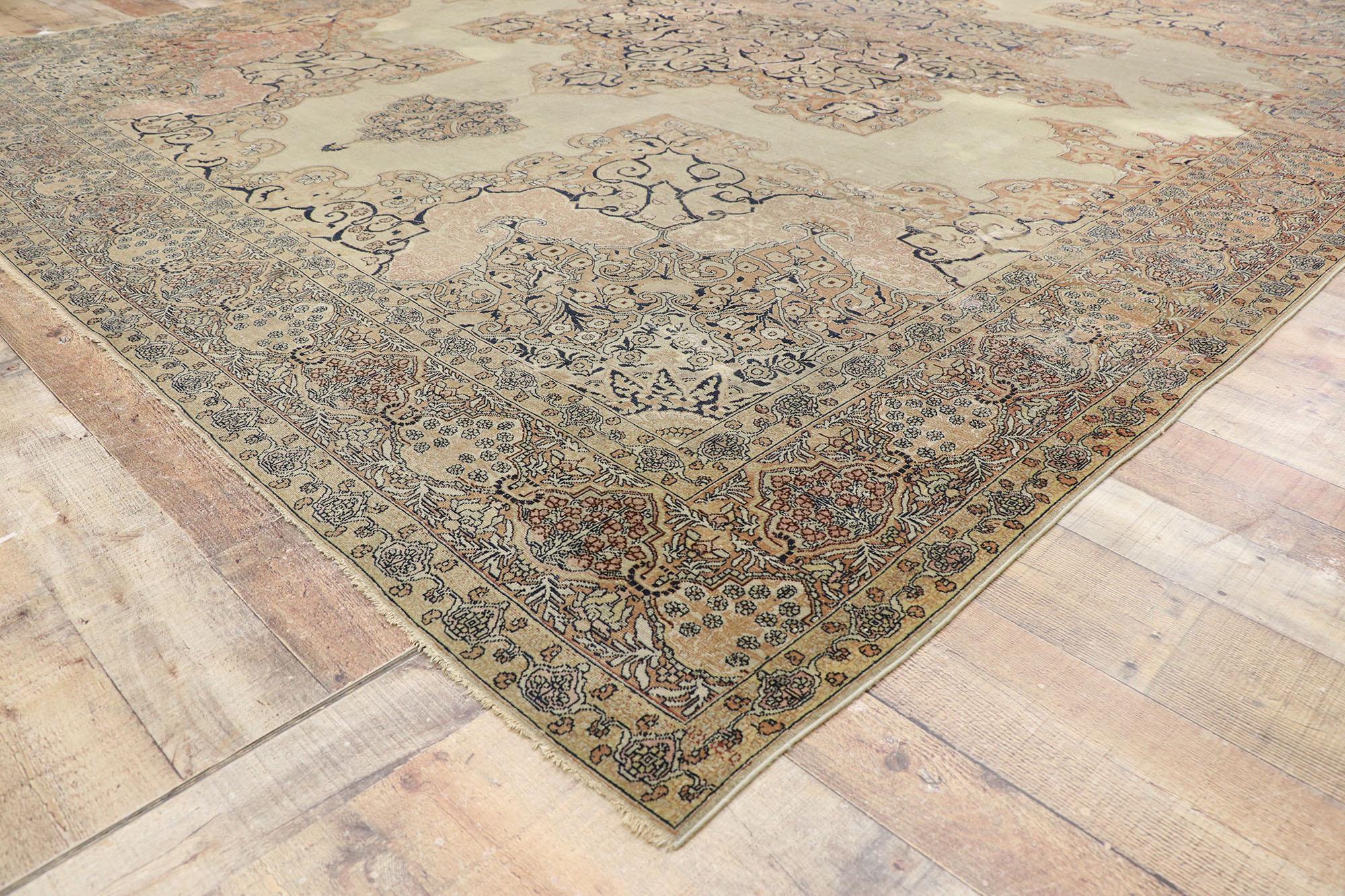 Distressed Antique Persian Kerman Rug with Relaxed French Provincial Style In Distressed Condition For Sale In Dallas, TX