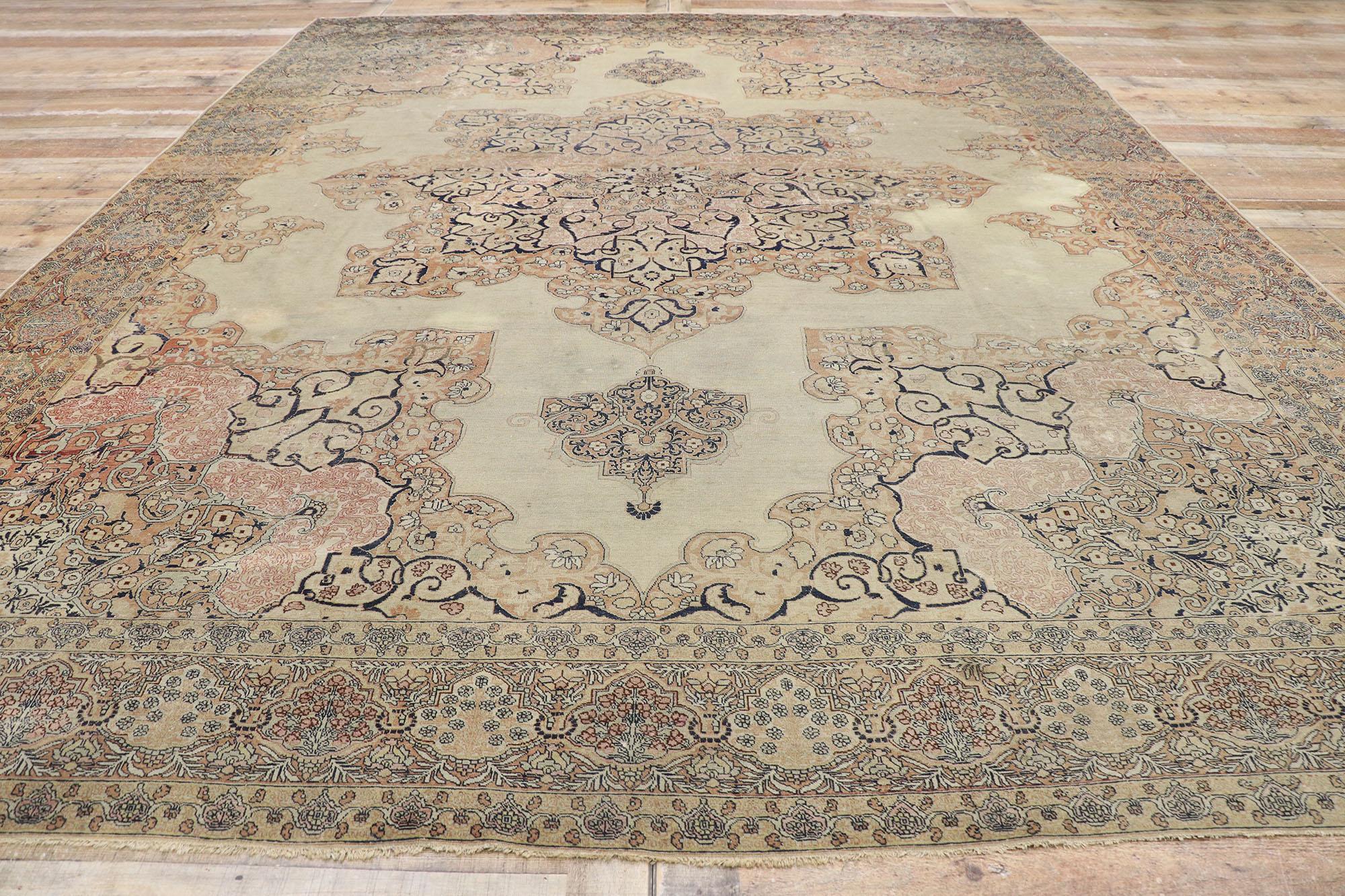 19th Century Distressed Antique Persian Kerman Rug with Relaxed French Provincial Style For Sale