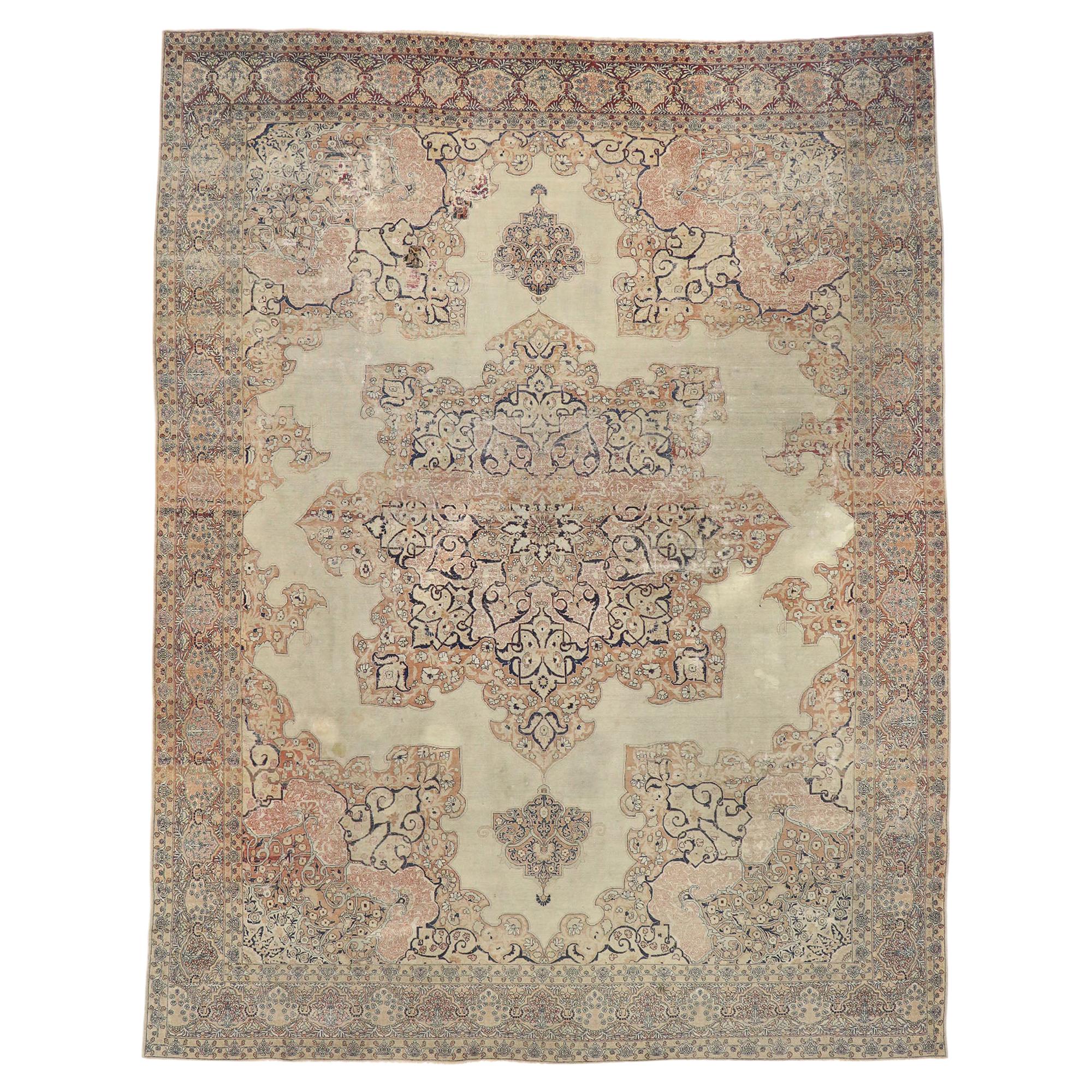 Distressed Antique Persian Kerman Rug with Relaxed French Provincial Style