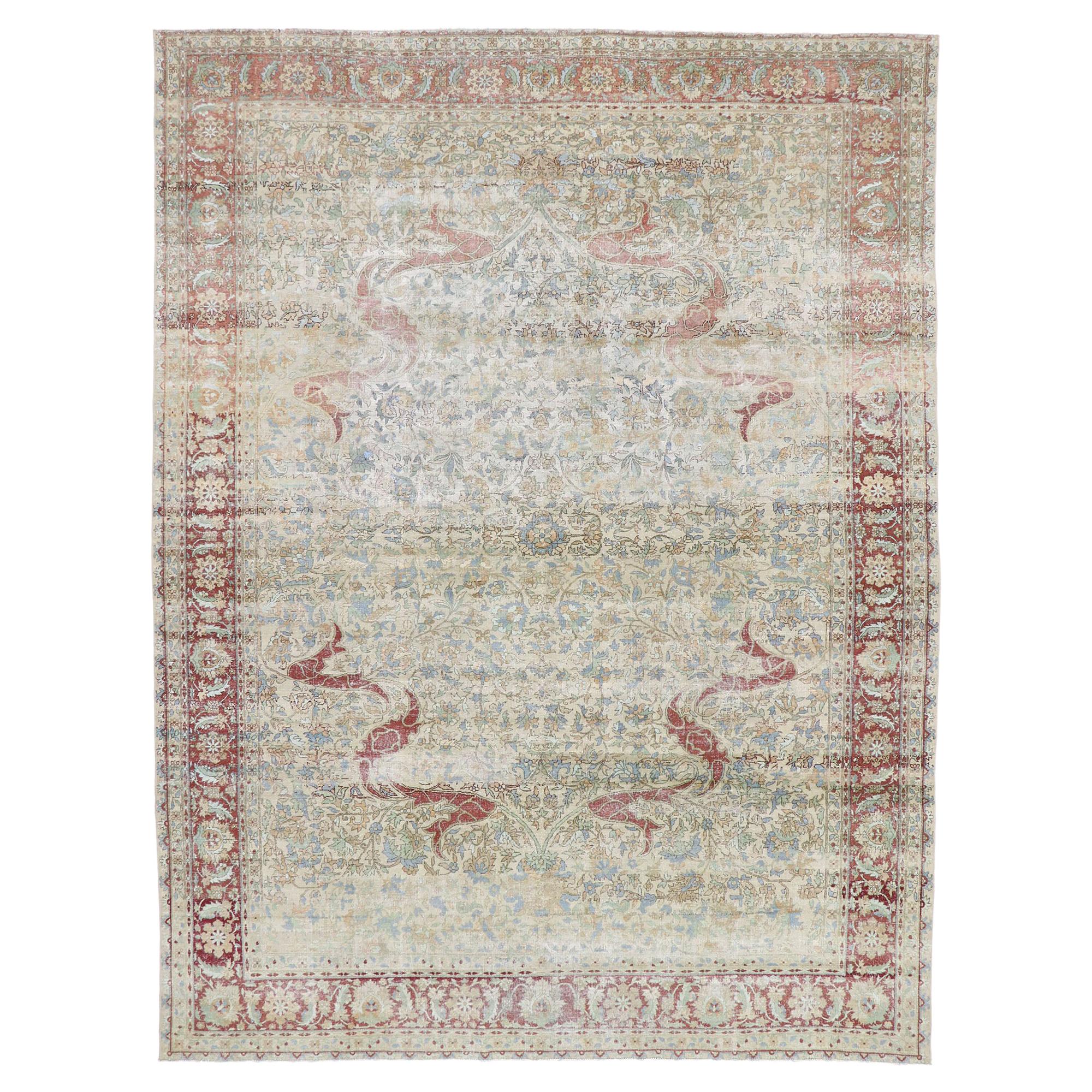 Distressed Antique Persian Bijar Rug with Rustic Belgian Arts and