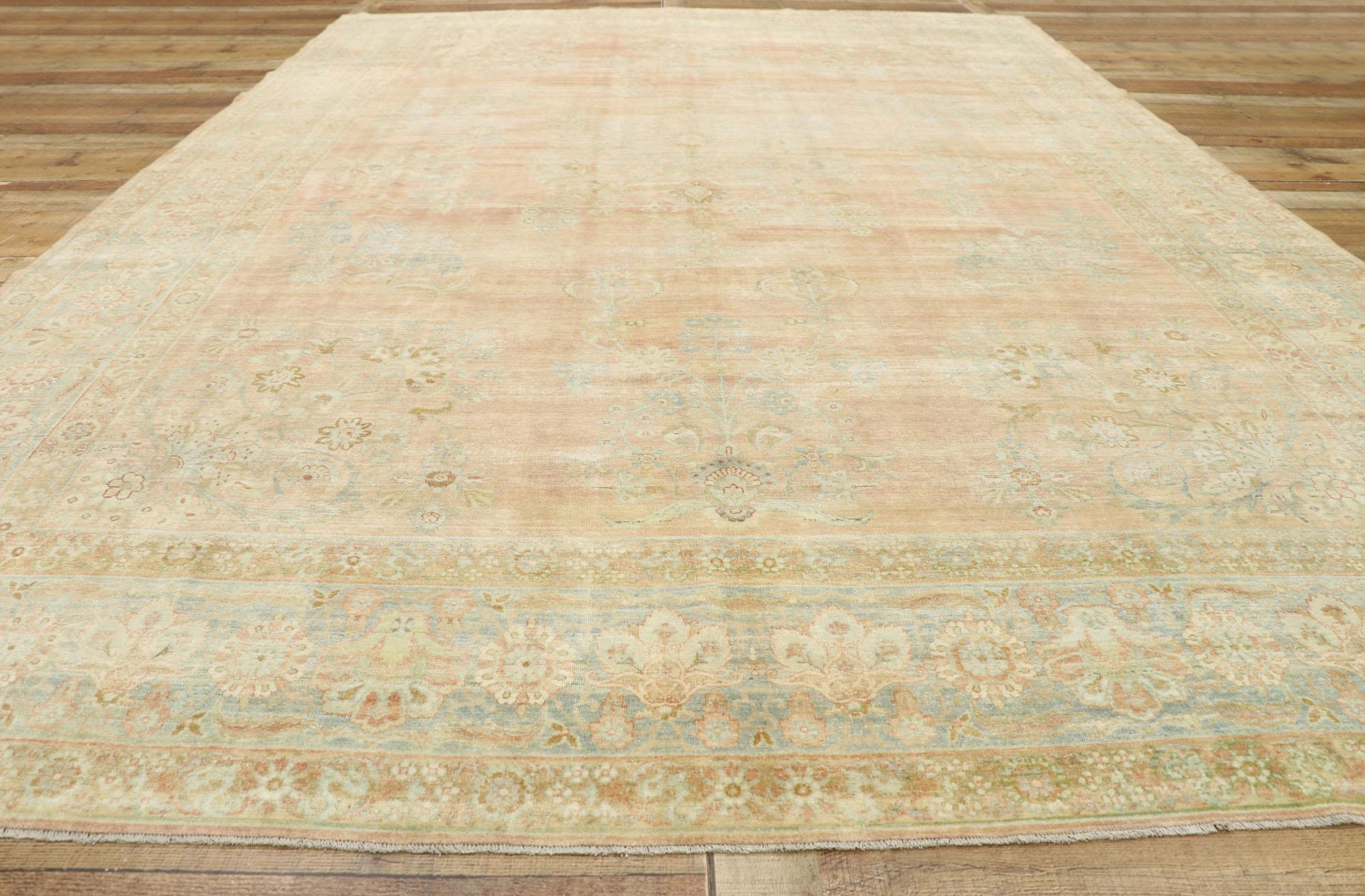 Wool Distressed Antique Persian Kerman Rug, Rustic Elegance Meets Southern Charm For Sale