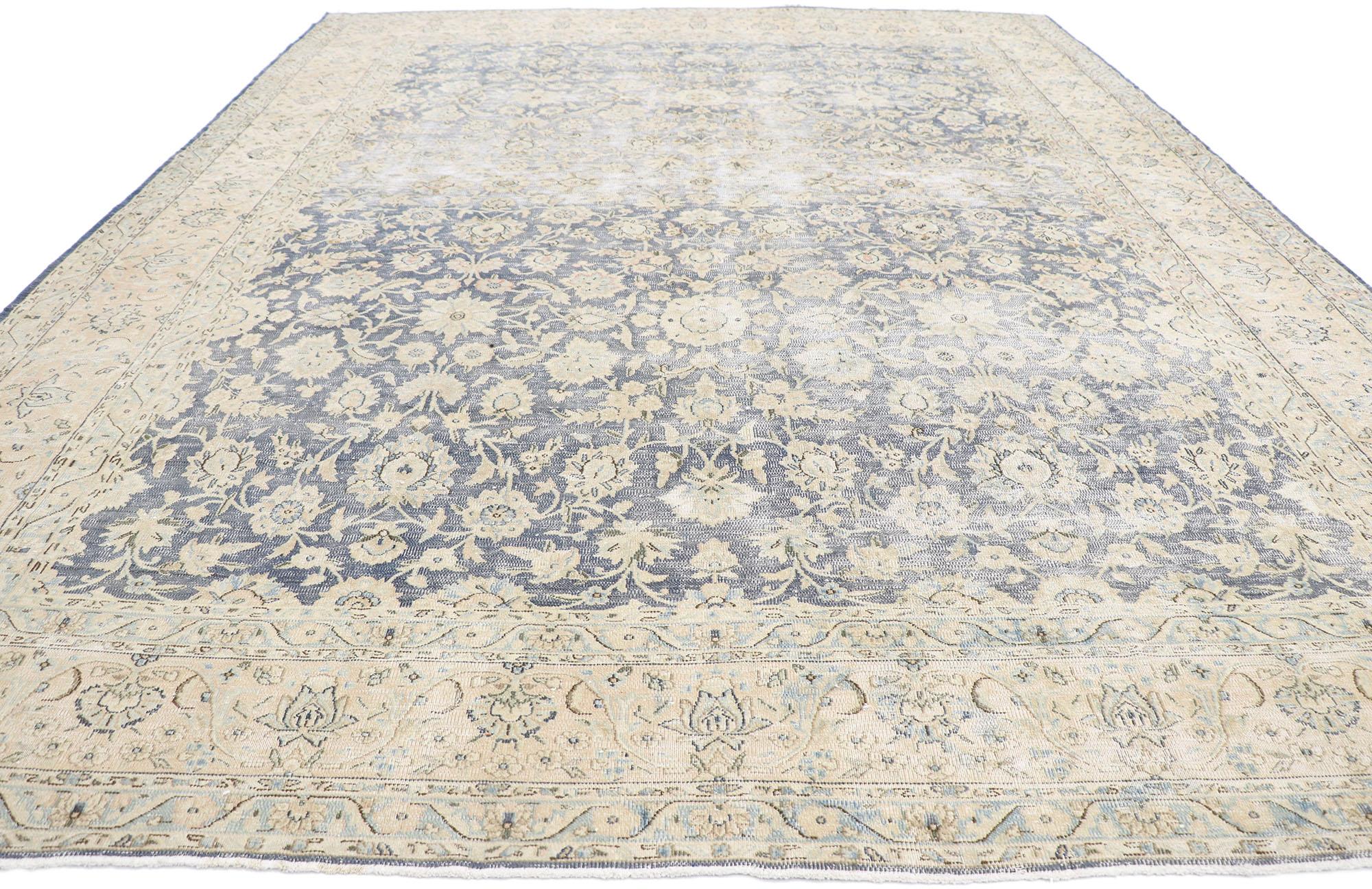 Kirman Distressed Antique Persian Kerman Rug with Rustic French Cottage Style For Sale