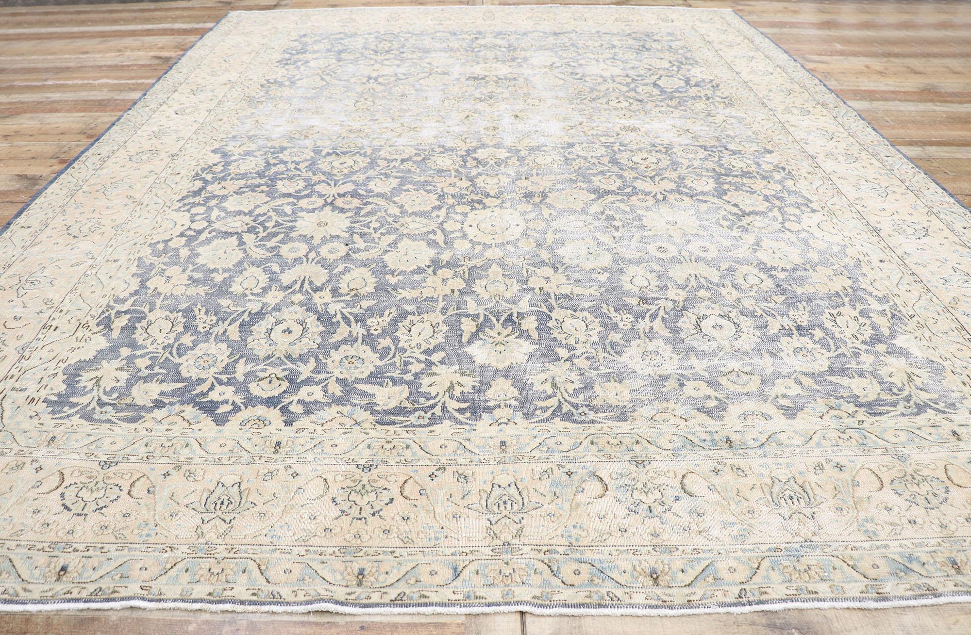 Wool Distressed Antique Persian Kerman Rug with Rustic French Cottage Style For Sale