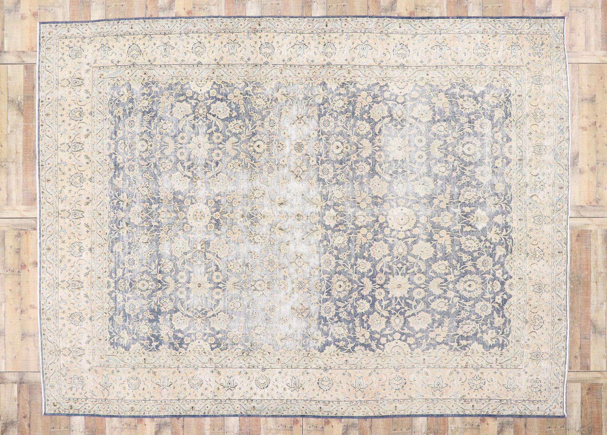 Distressed Antique Persian Kerman Rug with Rustic French Cottage Style For Sale 1