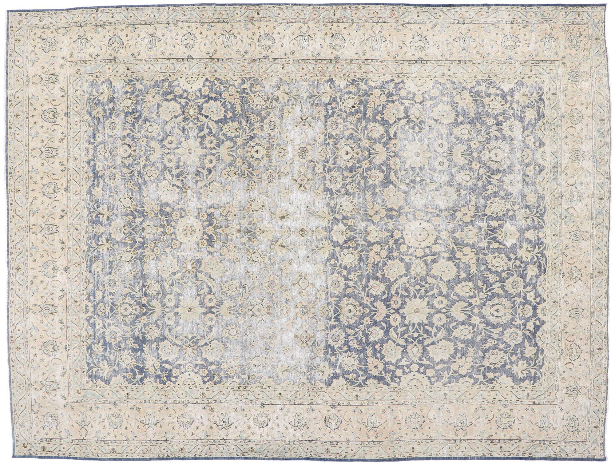 Distressed Antique Persian Kerman Rug with Rustic French Cottage Style For Sale 2