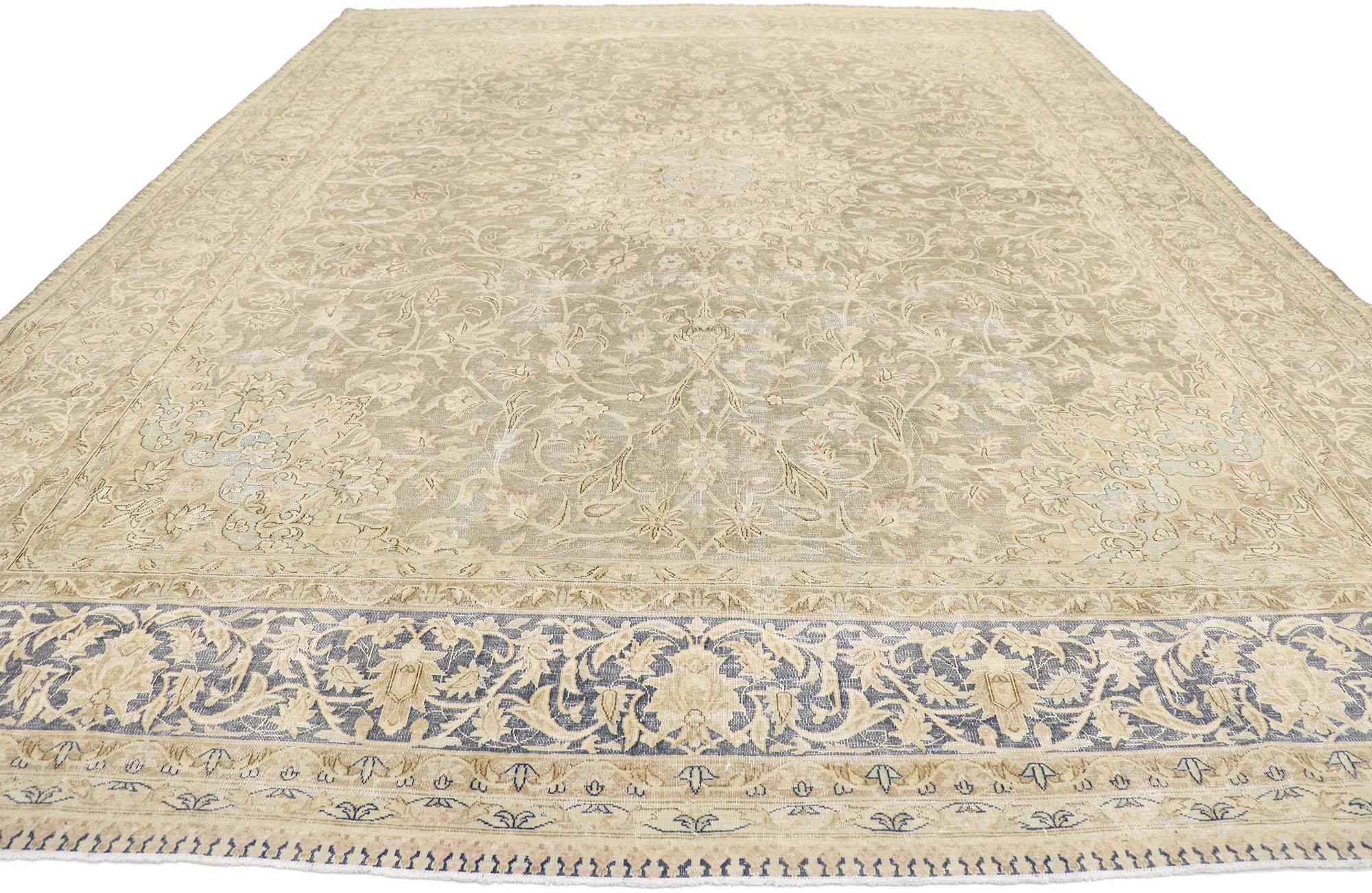 Kirman Distressed Antique Persian Kerman Rug with Rustic French Country Style For Sale