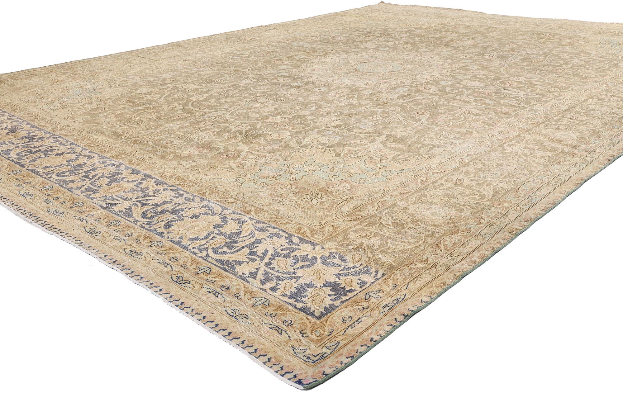 60828 Distressed Antique Persian Kerman Rug, 09'11 x 13'11. A poetic reverie in woven form, this hand-knotted wool antique Persian Kerman rug, dating to the Late 19th Century, invites one into a world of timeless elegance and cultivated refinement.
