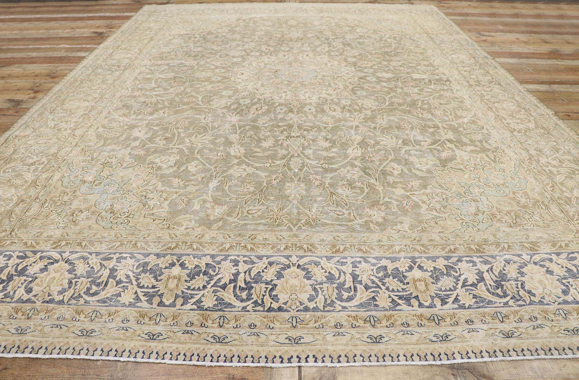 Wool Distressed Antique Persian Kerman Rug with Rustic French Country Style For Sale