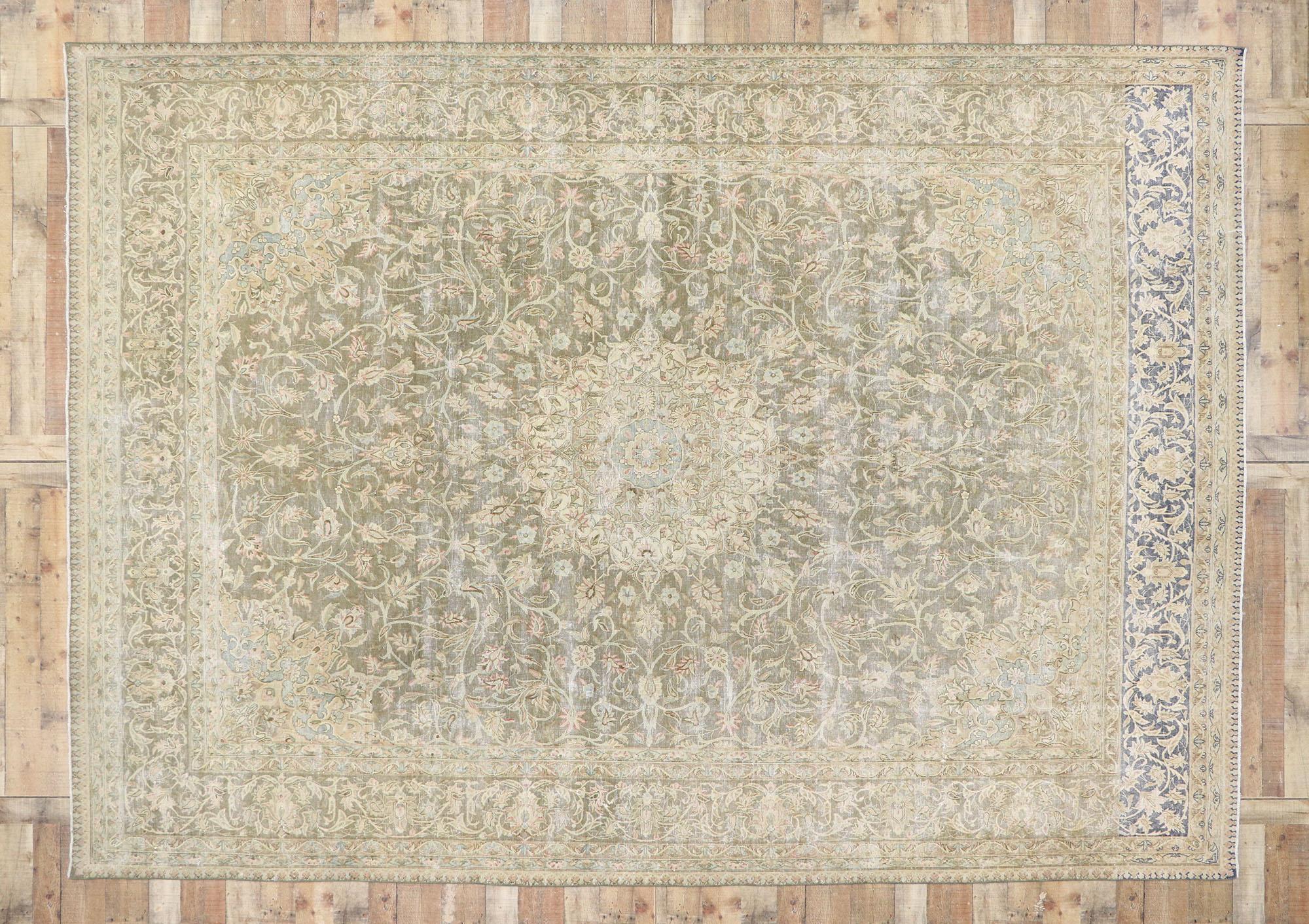 Distressed Antique Persian Kerman Rug with Rustic French Country Style For Sale 1