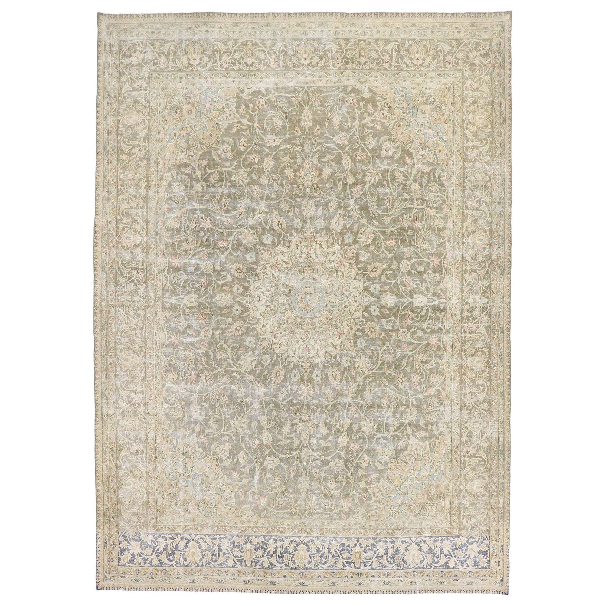 Distressed Antique Persian Kerman Rug with Rustic French Country Style For Sale