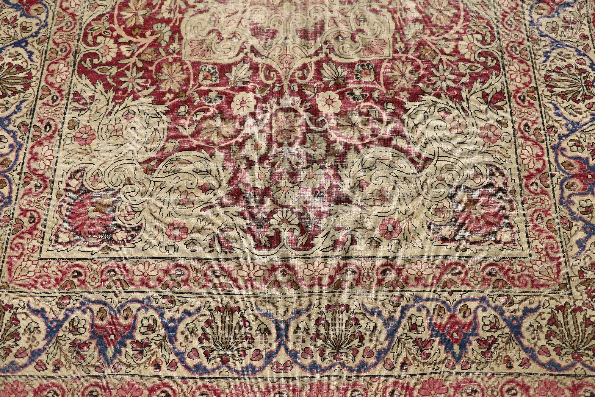 Hand-Knotted Distressed Antique Persian Kerman Rug with Rustic Old World Victorian Style For Sale