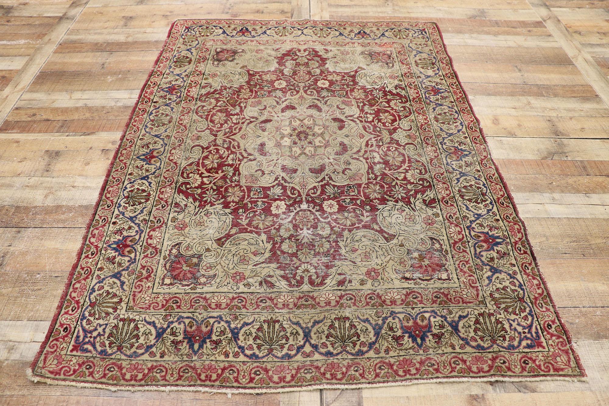 Wool Distressed Antique Persian Kerman Rug with Rustic Old World Victorian Style For Sale