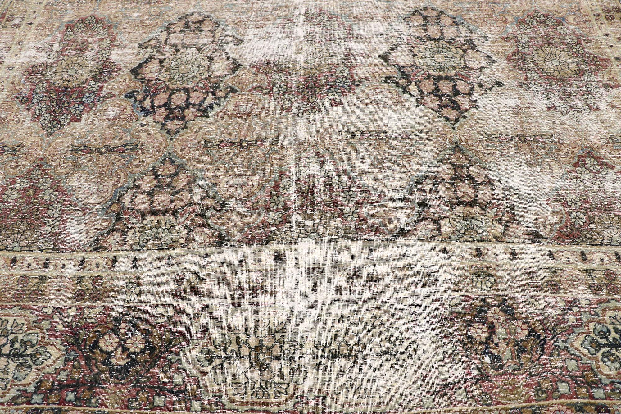 Hand-Knotted Distressed Antique Persian Kerman Rug with Rustic Renaissance Style For Sale