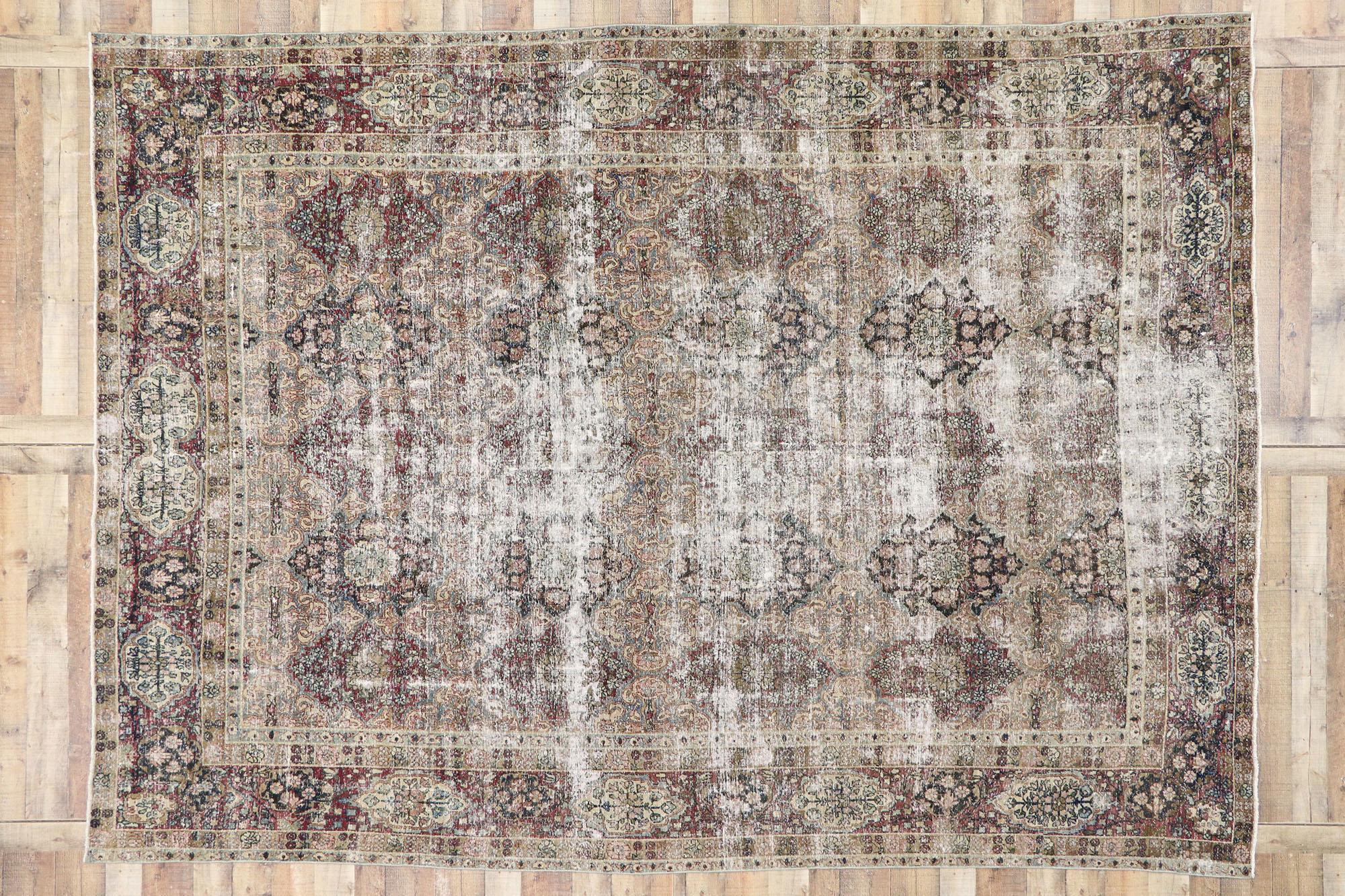 Distressed Antique Persian Kerman Rug with Rustic Renaissance Style For Sale 1