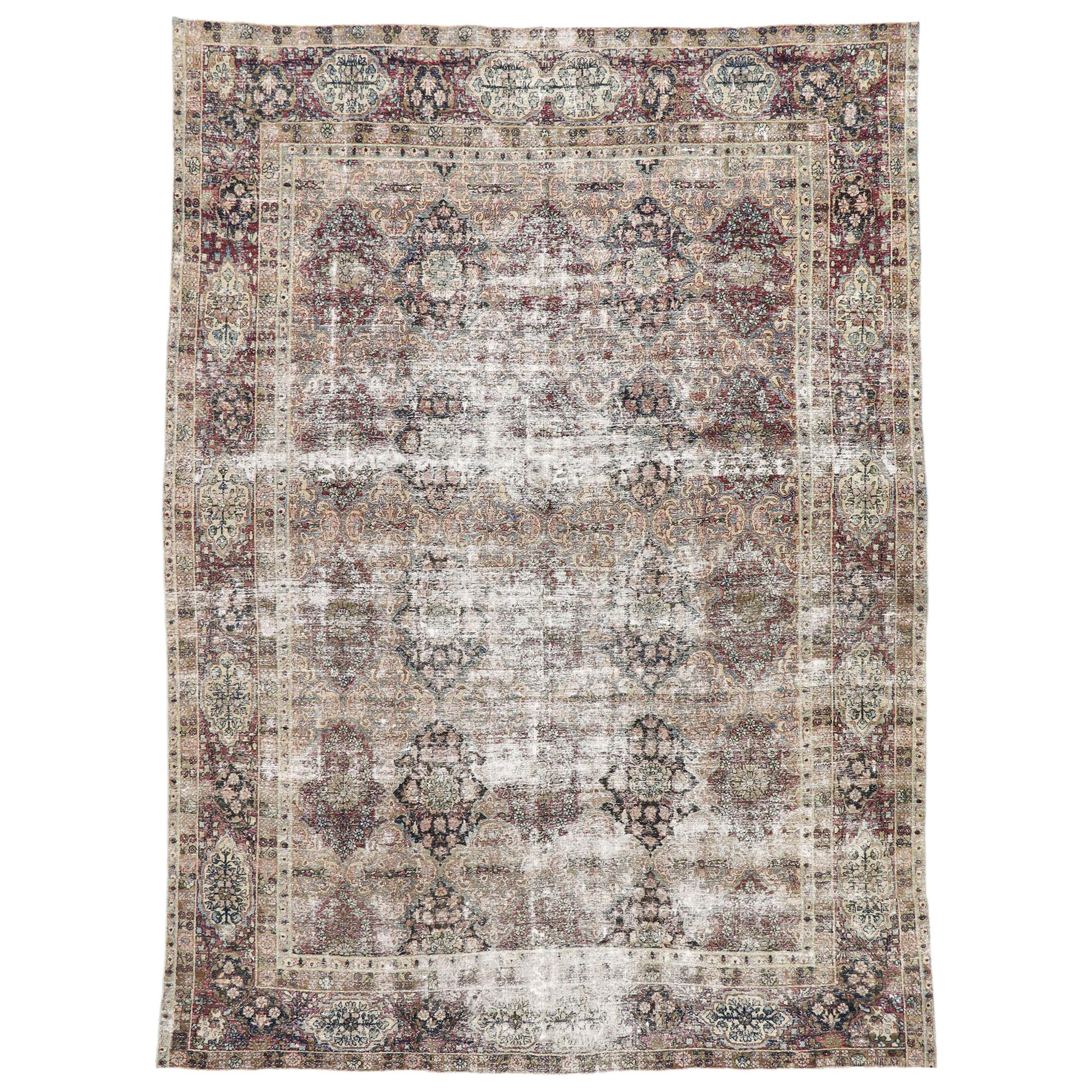 Distressed Antique Persian Kerman Rug with Rustic Renaissance Style For Sale