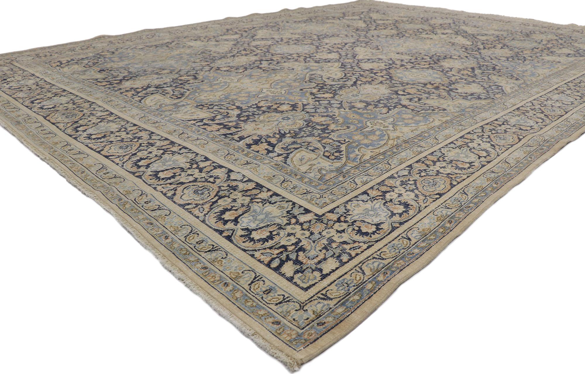 53631 Distressed Antique Persian Kerman rug with Rustic style 09'05 x 12'09. Effortlessly chic with rustic sensibility, this hand knotted wool distressed antique Persian Kerman rug beautifully is a captivating vision of woven beauty. The lovingly