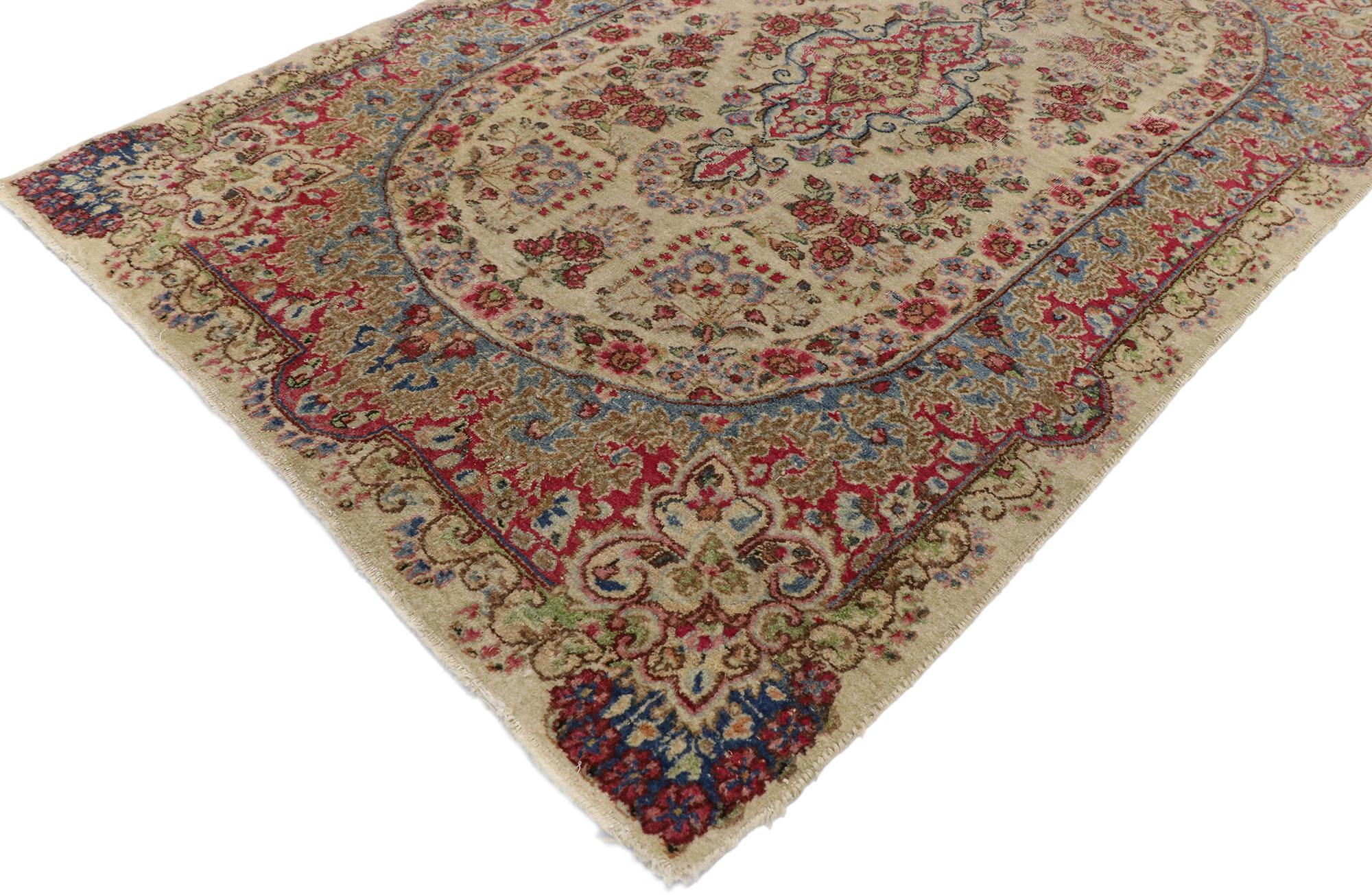 Kirman Distressed Antique Persian Kerman Rug with Shabby Chic Rustic French Style For Sale