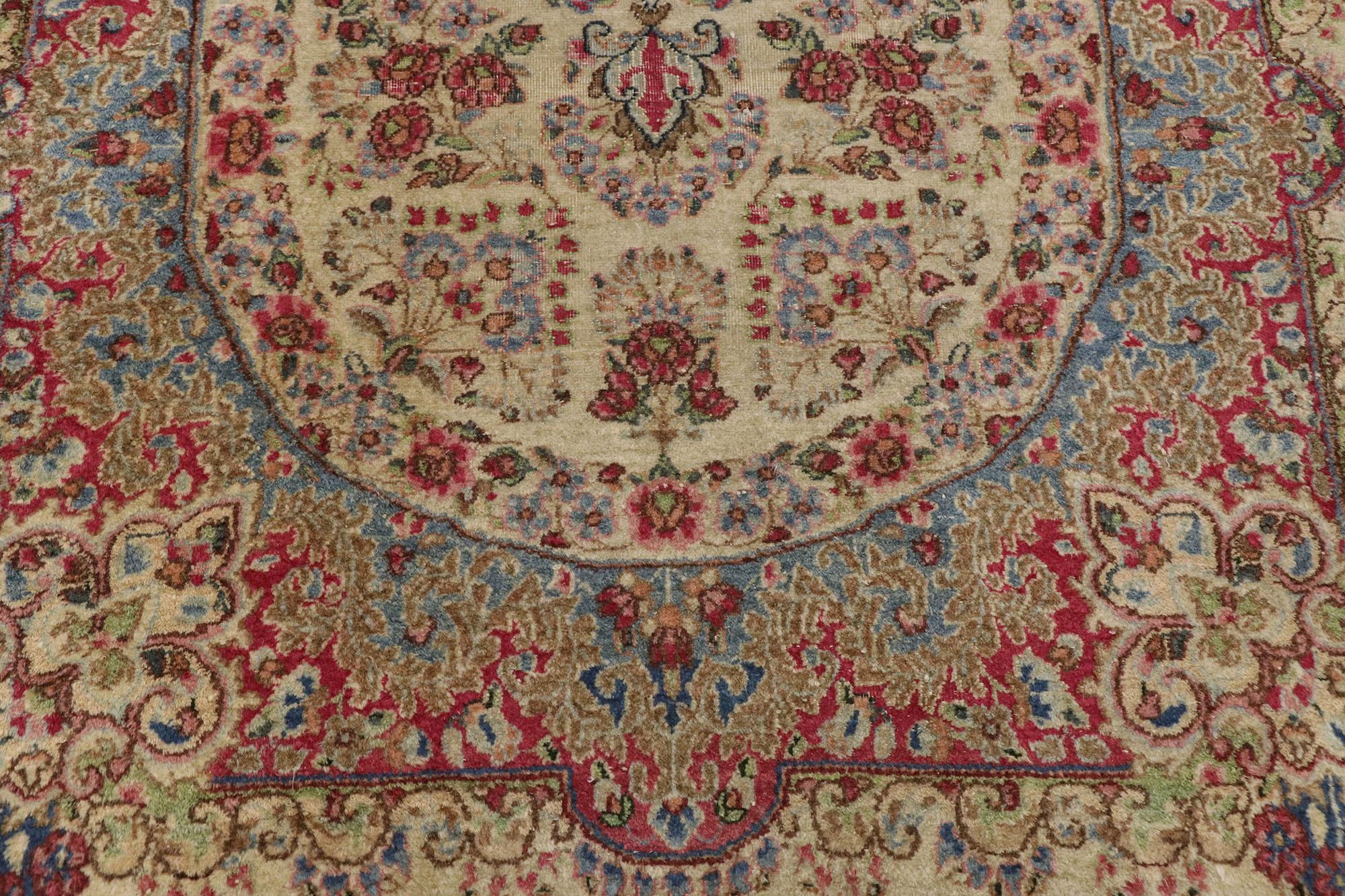 Hand-Knotted Distressed Antique Persian Kerman Rug with Shabby Chic Rustic French Style For Sale