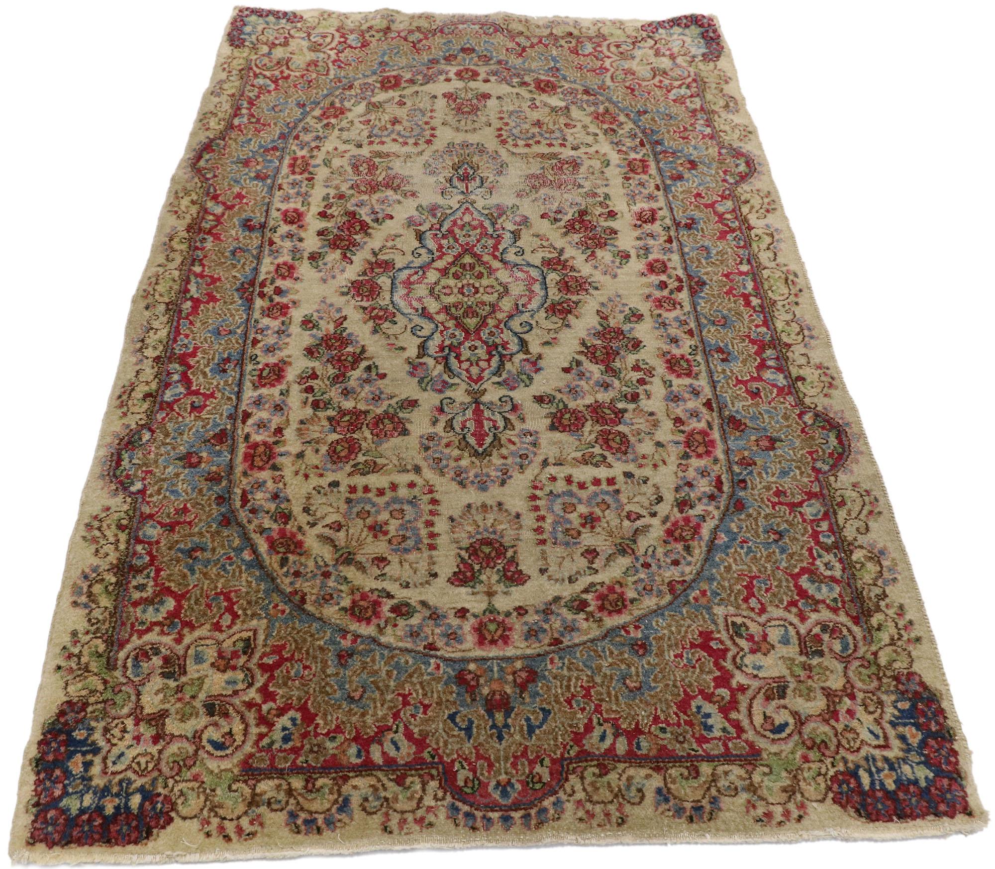 20th Century Distressed Antique Persian Kerman Rug with Shabby Chic Rustic French Style For Sale
