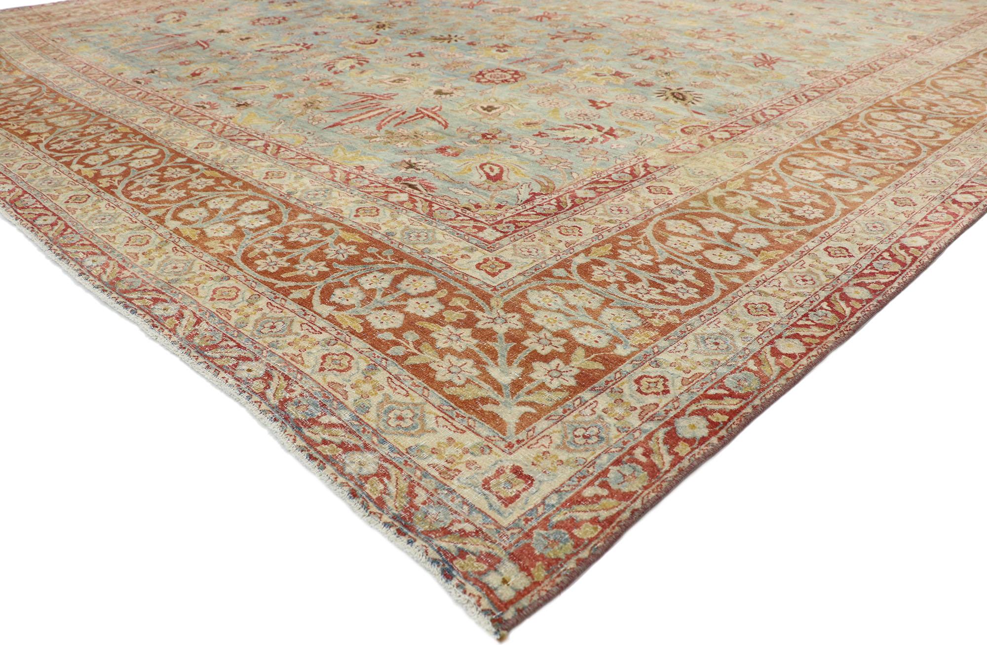 77258 distressed antique Persian Kerman rug with Southern Living and American Colonial style. With its soft, subtle hues and cozy simplicity, this hand knotted wool distressed antique Persian Kerman rug charms with ease and beautifully embodies