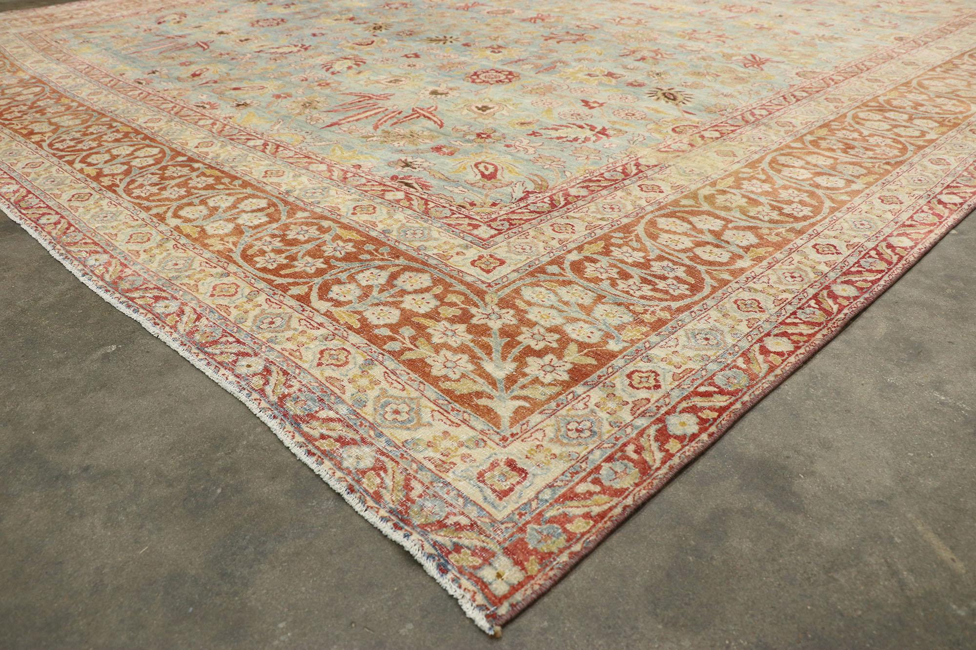 Hand-Knotted Distressed Antique Persian Kerman Rug with Southern Living and Colonial Style
