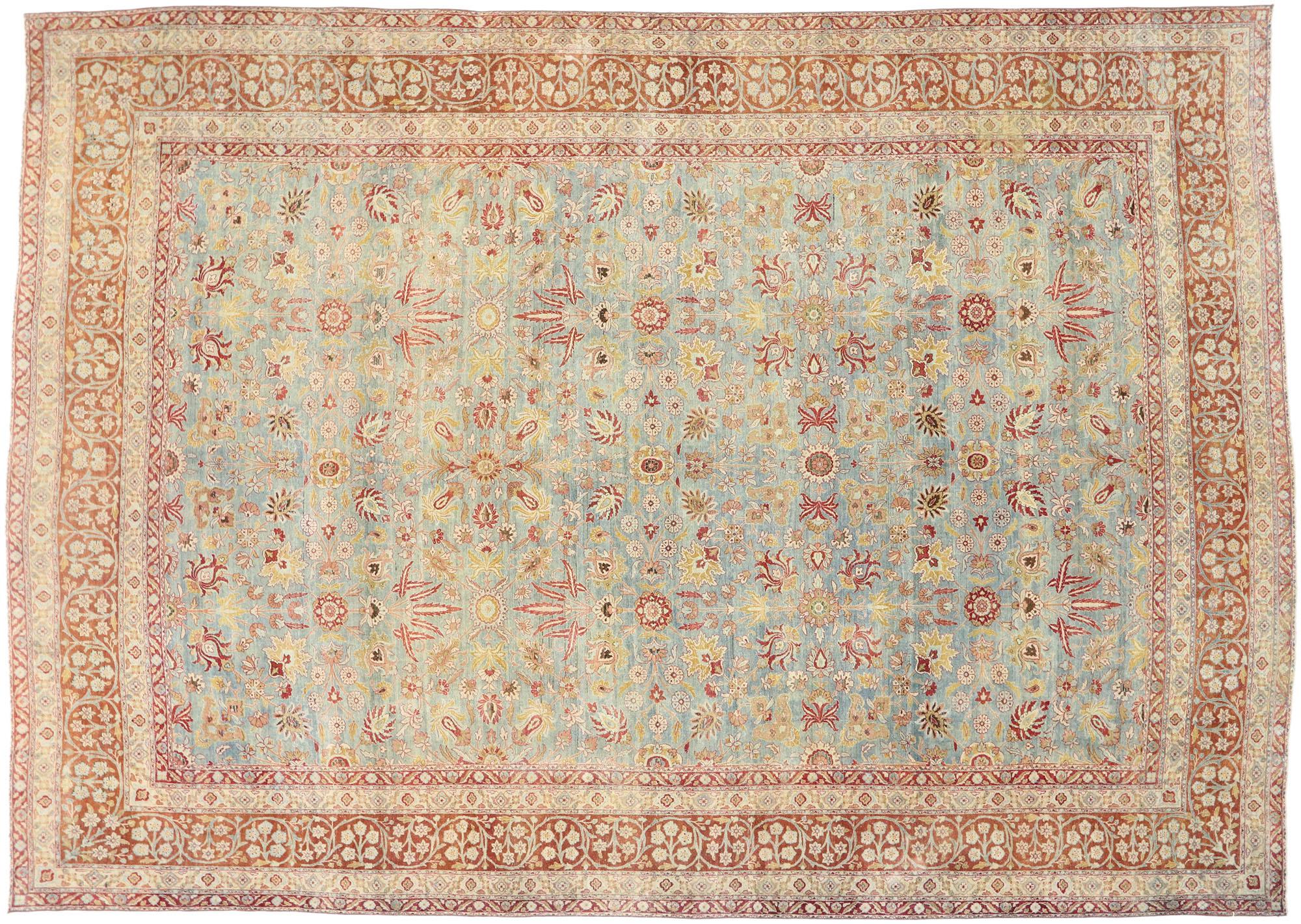 Wool Distressed Antique Persian Kerman Rug with Southern Living and Colonial Style