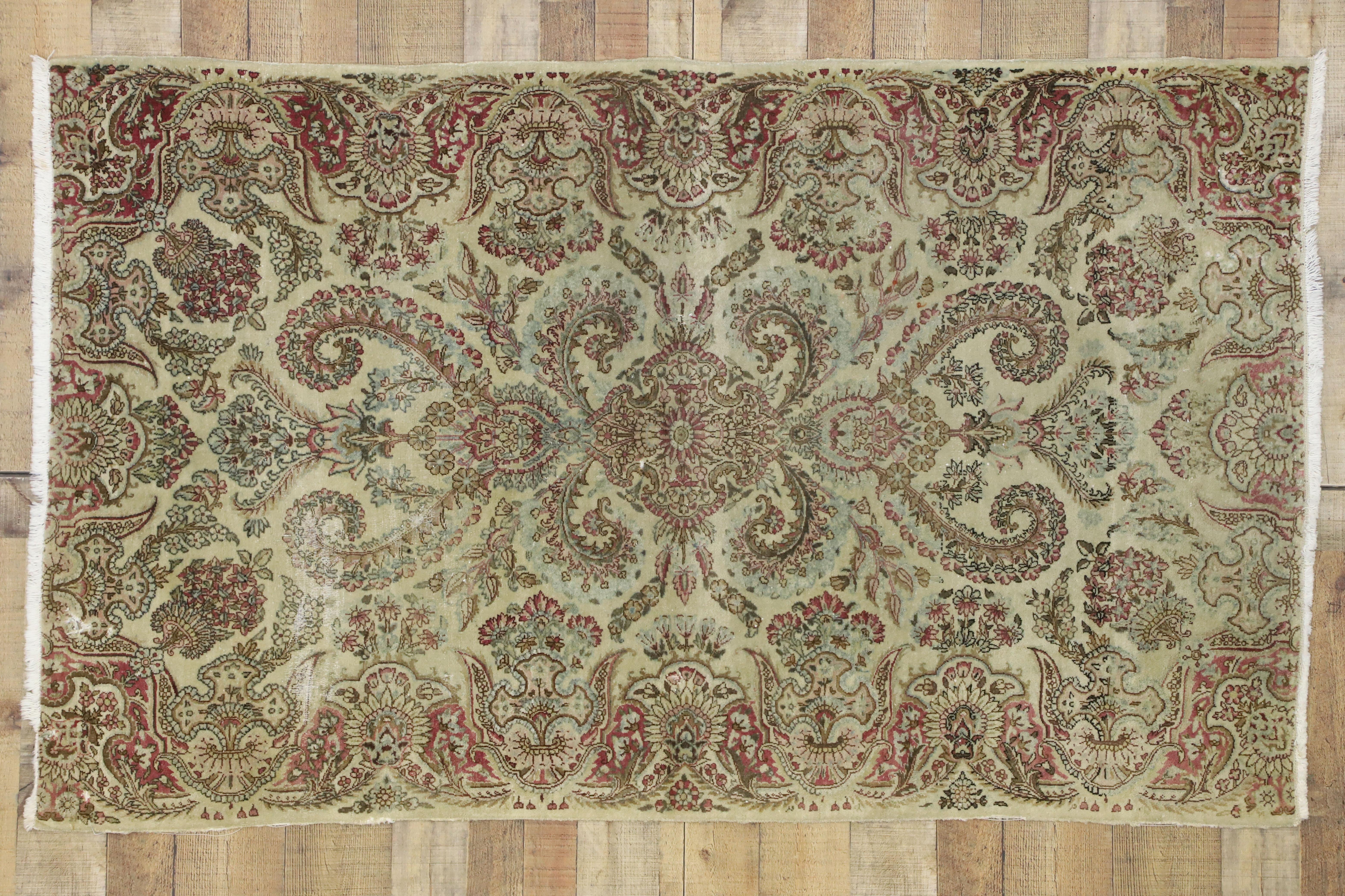 Wool Distressed Antique Persian Kerman with Shabby Chic Swedish Farmhouse Style For Sale