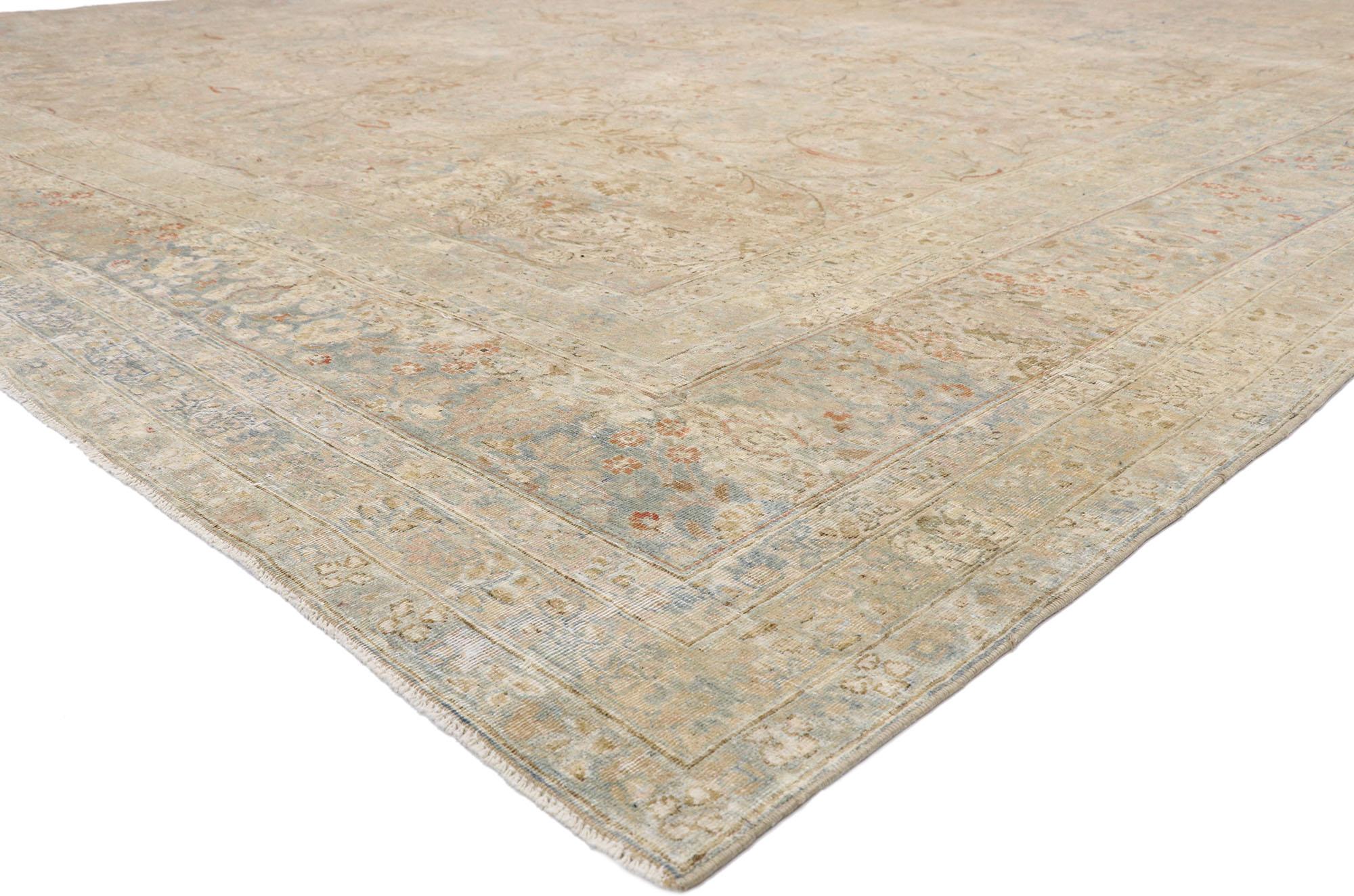 52678, Distressed Antique Persian Khorassan Design Rug with Rustic English Manor Style. With a timeless floral pattern and lovingly timeworn appearance, this hand knotted wool distressed antique Persian Khorassan design rug beautifully embodies