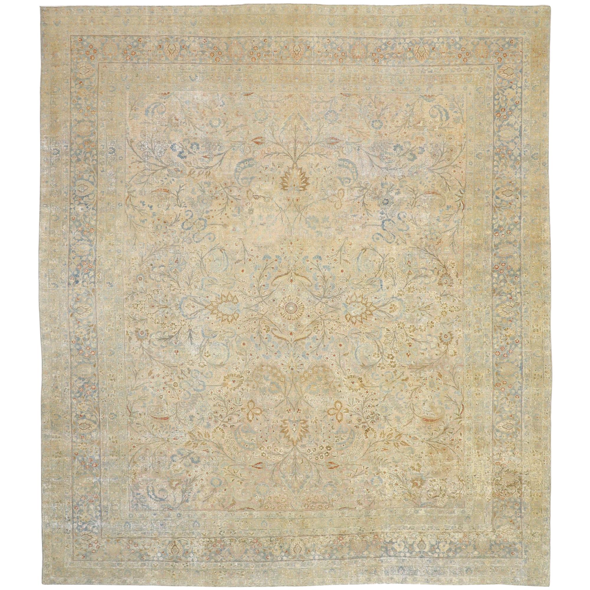 Distressed Antique Persian Khorassan Design Rug with Rustic English Manor Style