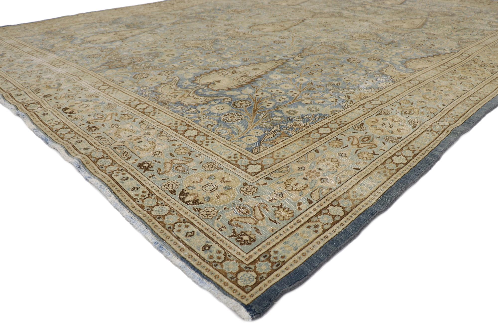 60937, distressed antique Persian Khorassan rug. Effortlessly chic and emanating coastal vibes with rustic sensibility, this hand knotted wool distressed antique Persian Khorassan rug beautifully is a captivating vision of woven beauty. The blue