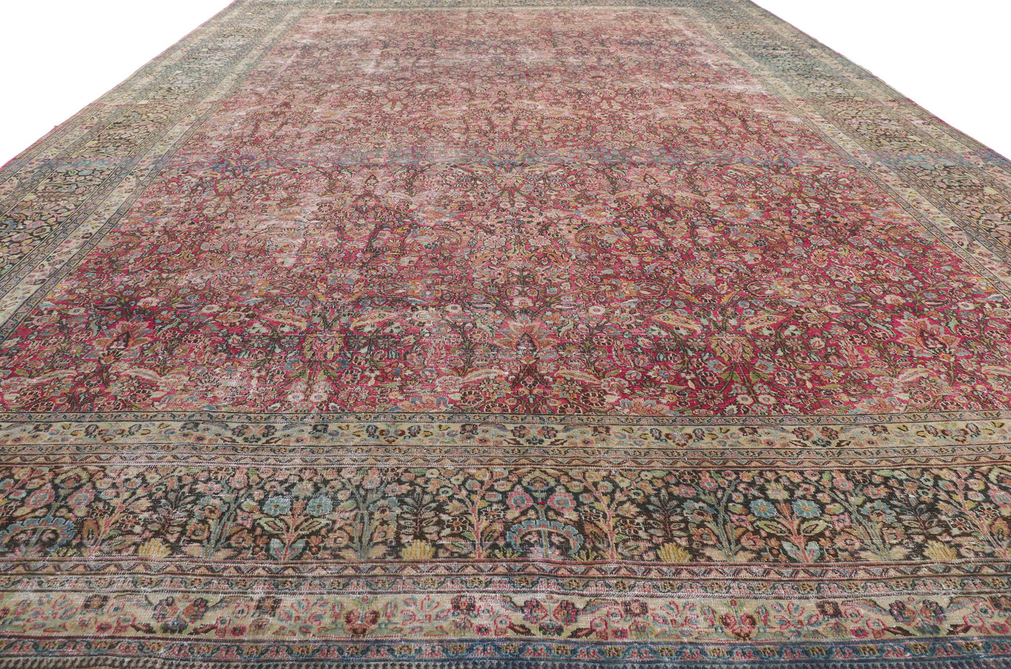 Antique-Worn Persian Khorassan Rug, Victorian Elegance Meets Weathered Finesse In Distressed Condition For Sale In Dallas, TX