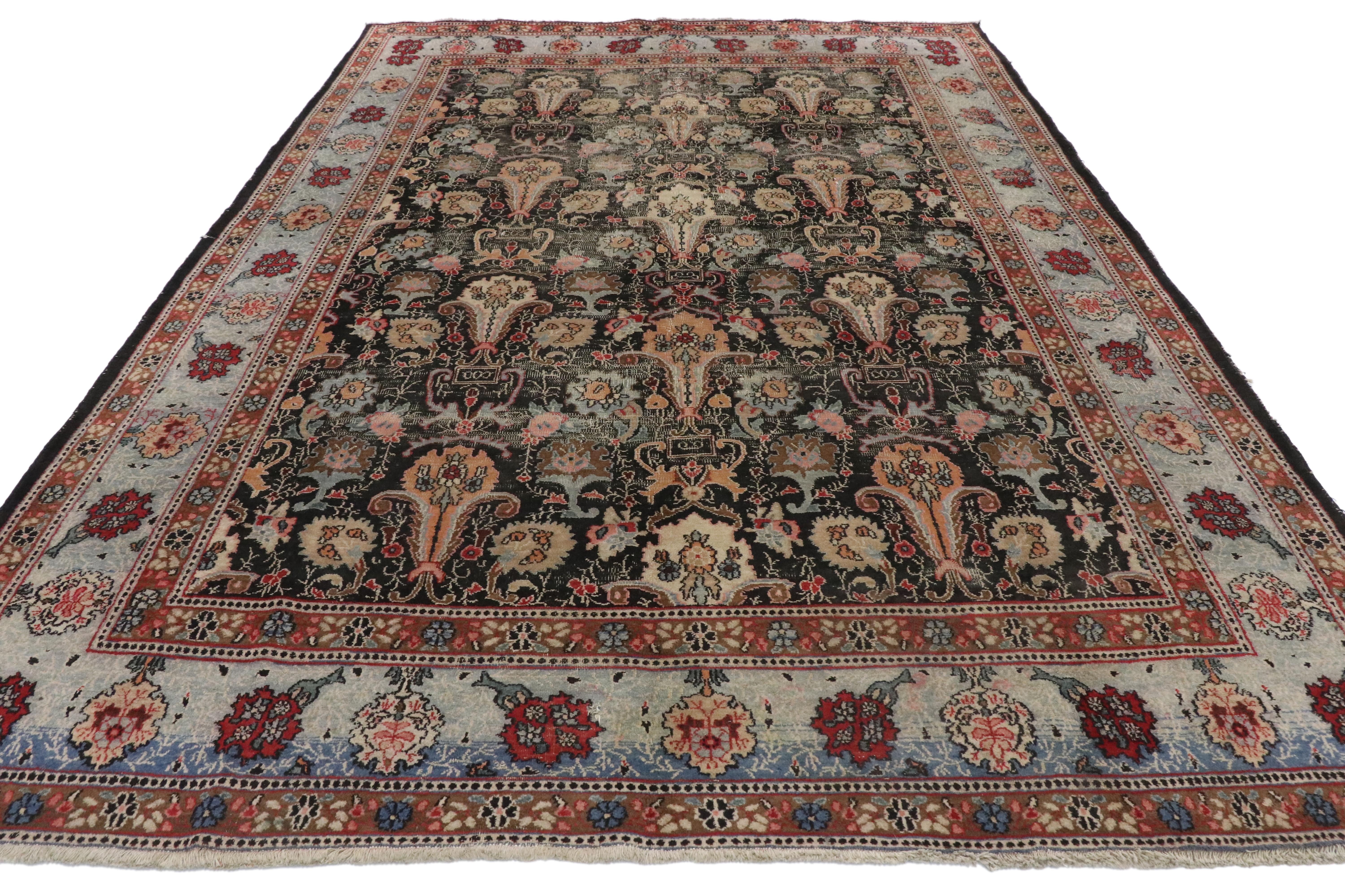 Distressed Antique Persian Khorassan Rug with Rustic American Colonial Style In Distressed Condition For Sale In Dallas, TX
