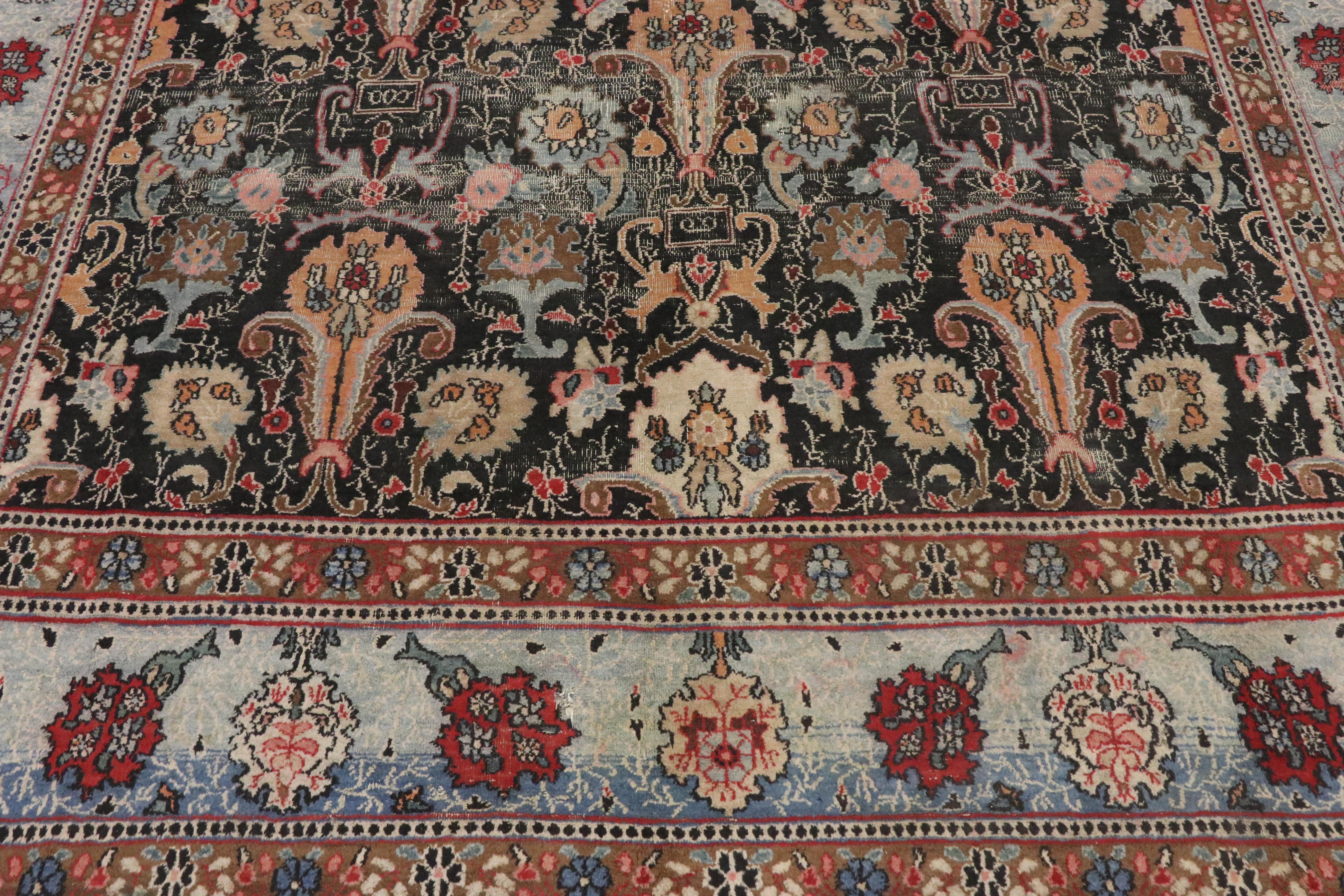 19th Century Distressed Antique Persian Khorassan Rug with Rustic American Colonial Style For Sale